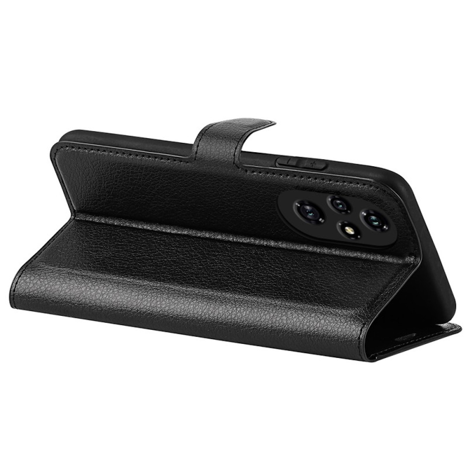 Schwarze Handyhülle, offen. Telefon mit sichtbaren Kameras. Lederstruktur.