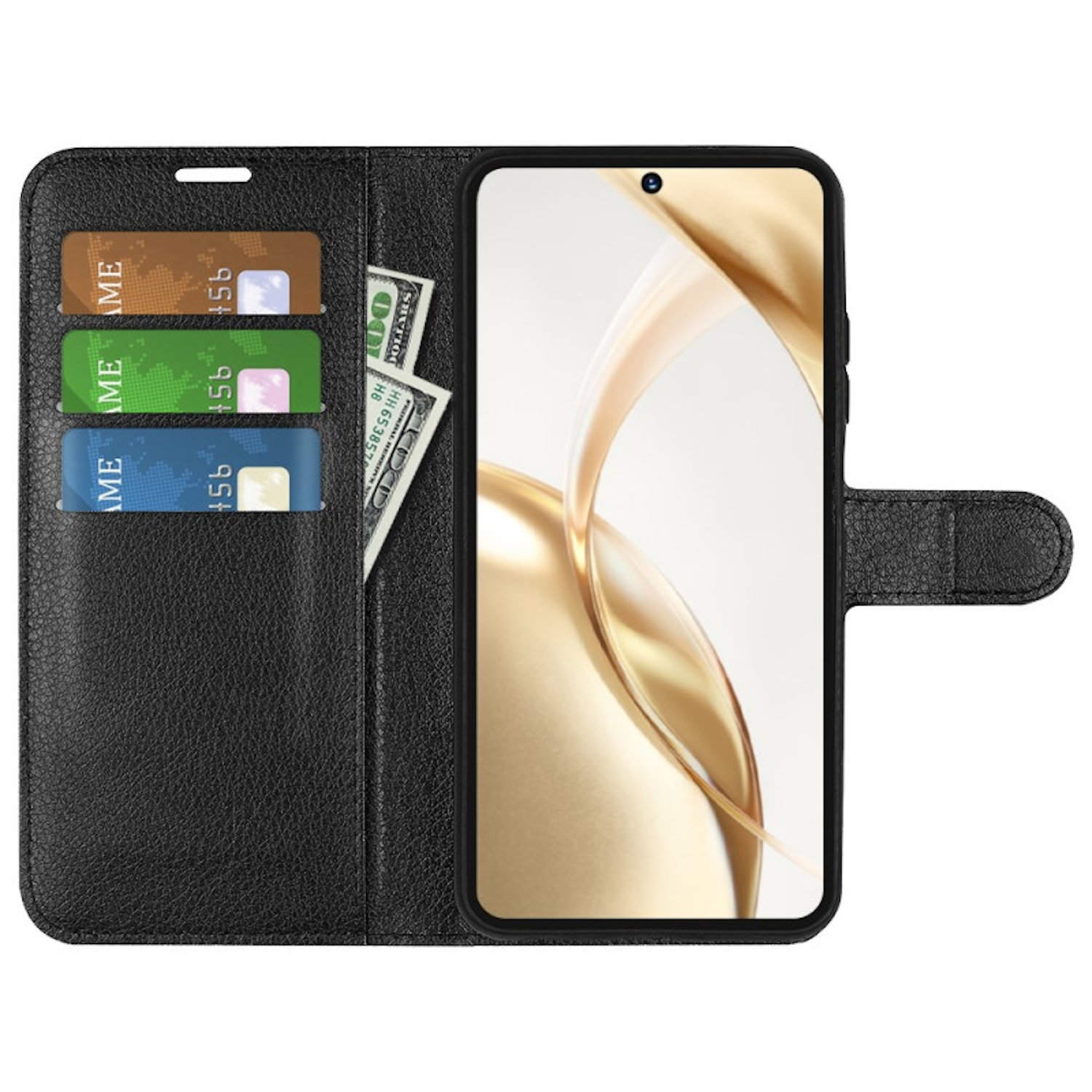 Schwarze Handyhülle mit Karten und Geld. Das Telefon zeigt einen goldenen Hintergrund.