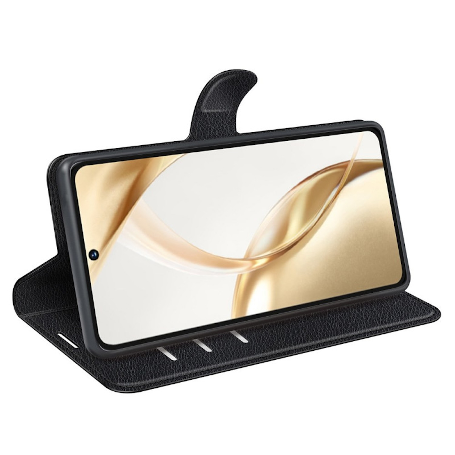 Schwarze Handyhülle mit Telefon, Lederstruktur und goldenem Hintergrund.