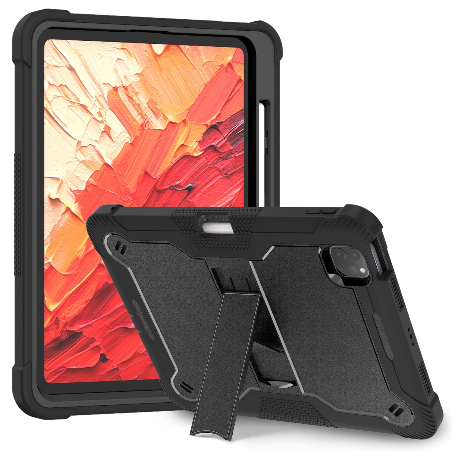 Schwarze Tablethülle mit Ständer. Ein Tablet ist sichtbar. Es ist auf weißem Hintergrund.