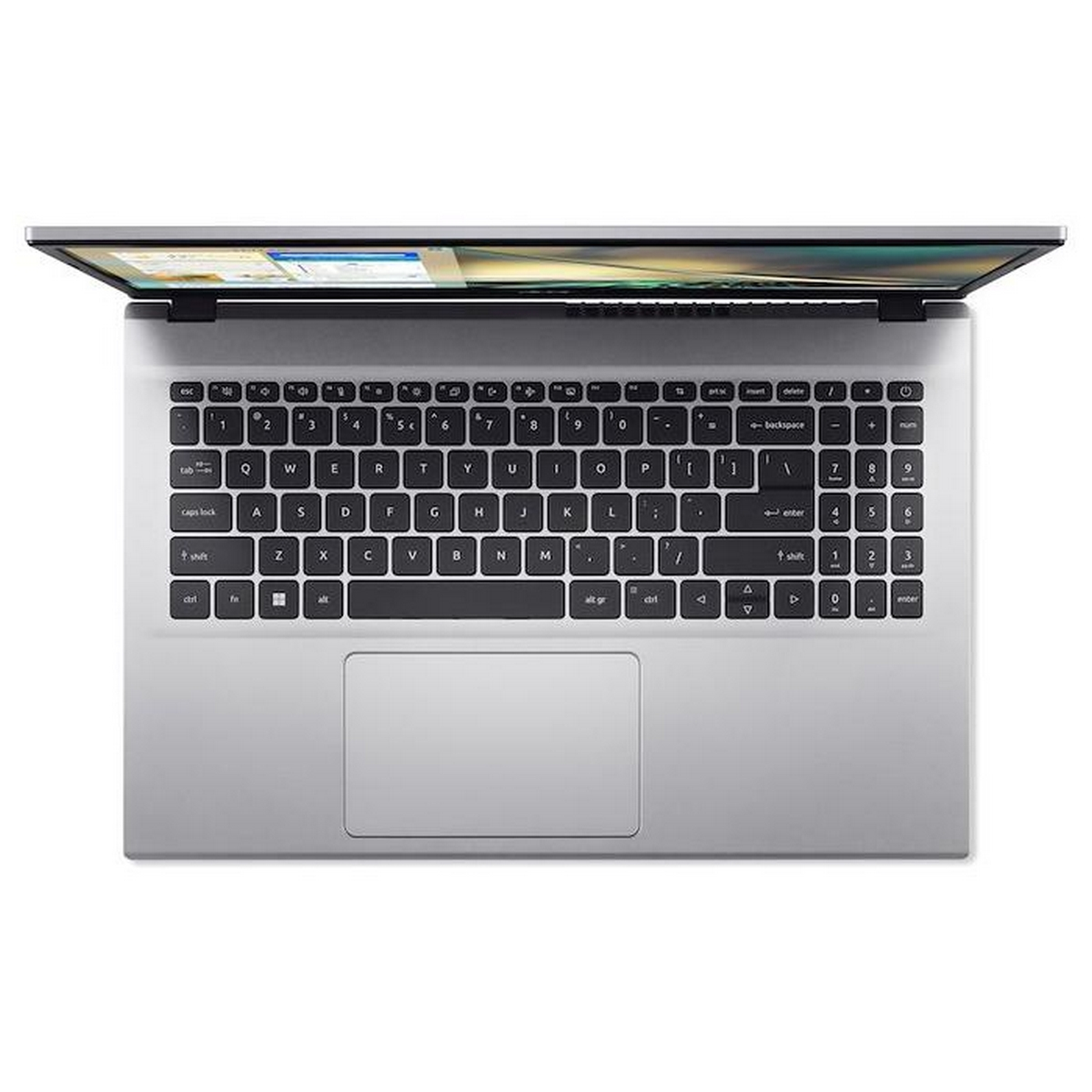 Laptop, vista dall'alto. Corpo argentato con schermo aperto, mostra tastiera e trackpad. Isolato su bianco.