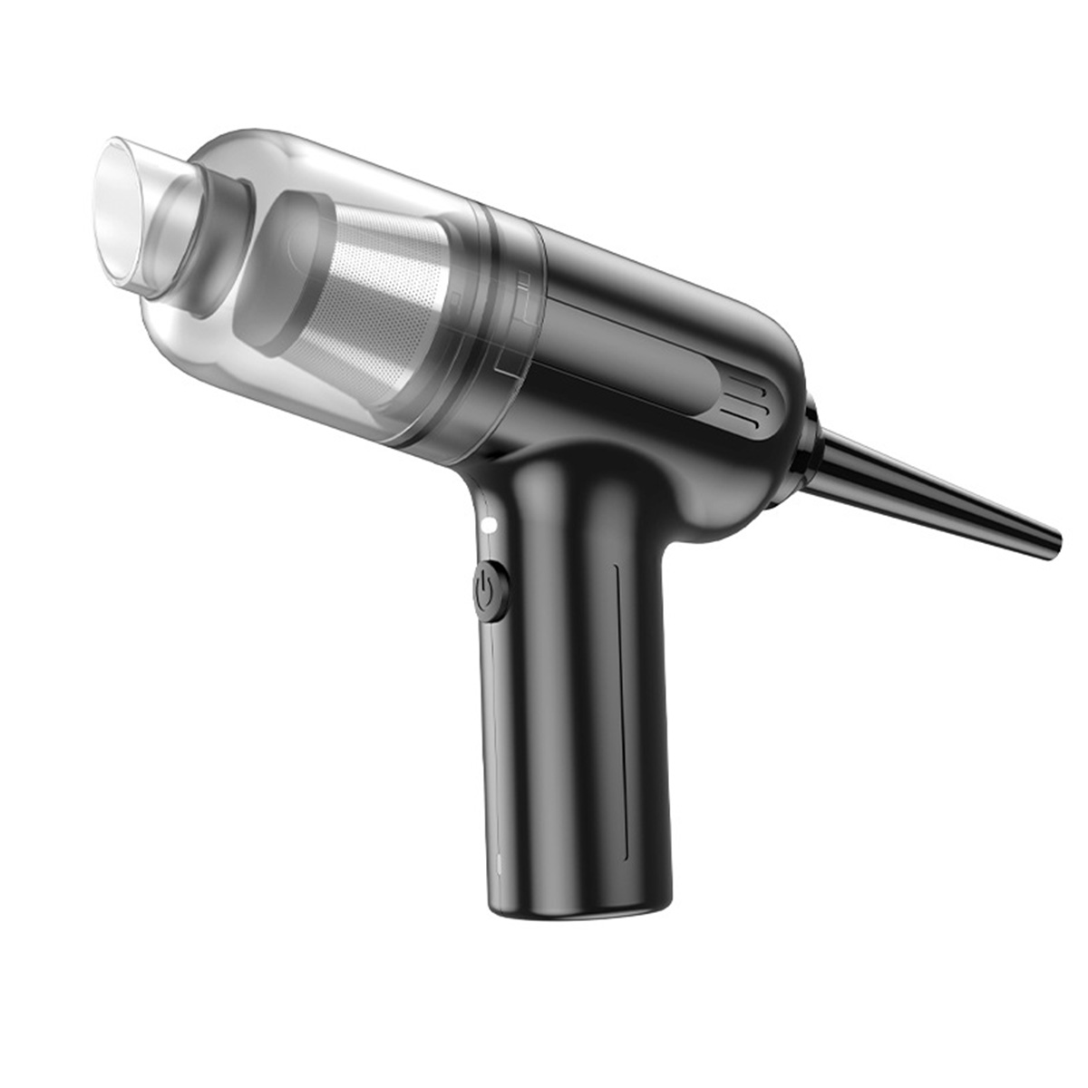 Czarny odkurzacz ręczny pod kątem. Przezroczysty przód, kątowa dysza.