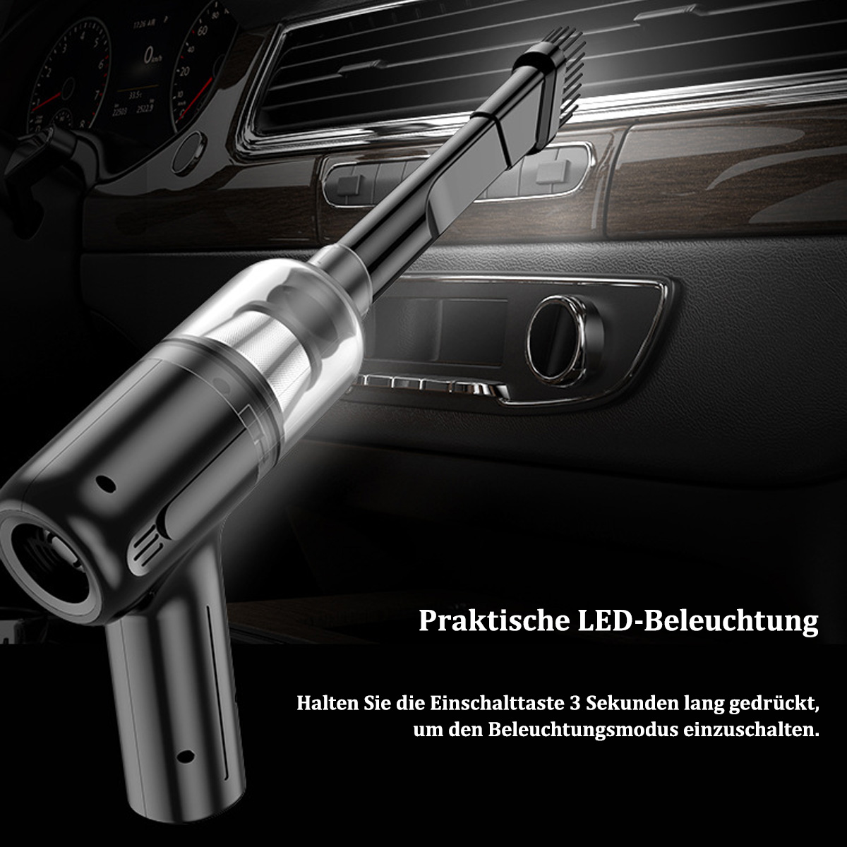 Czarny odkurzacz samochodowy z przezroczystym pojemnikiem na kurz i tekstem po niemiecku.