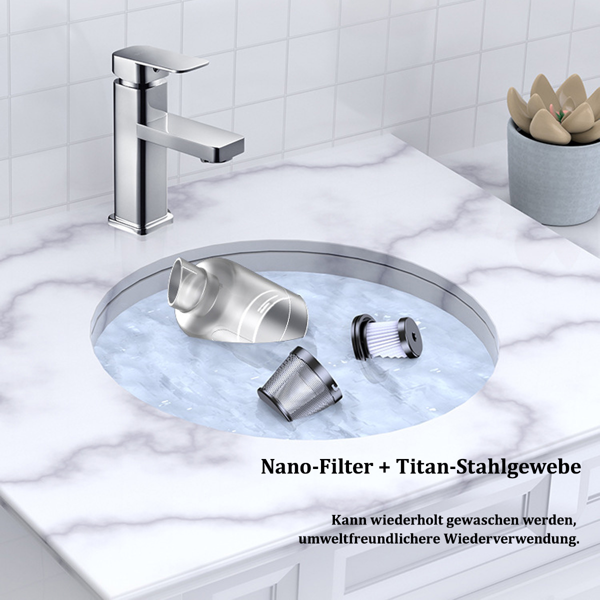 Zlew z kranem i częściami odkurzacza. Tekst: Nano-Filter + Titan-Stahlgewebe.