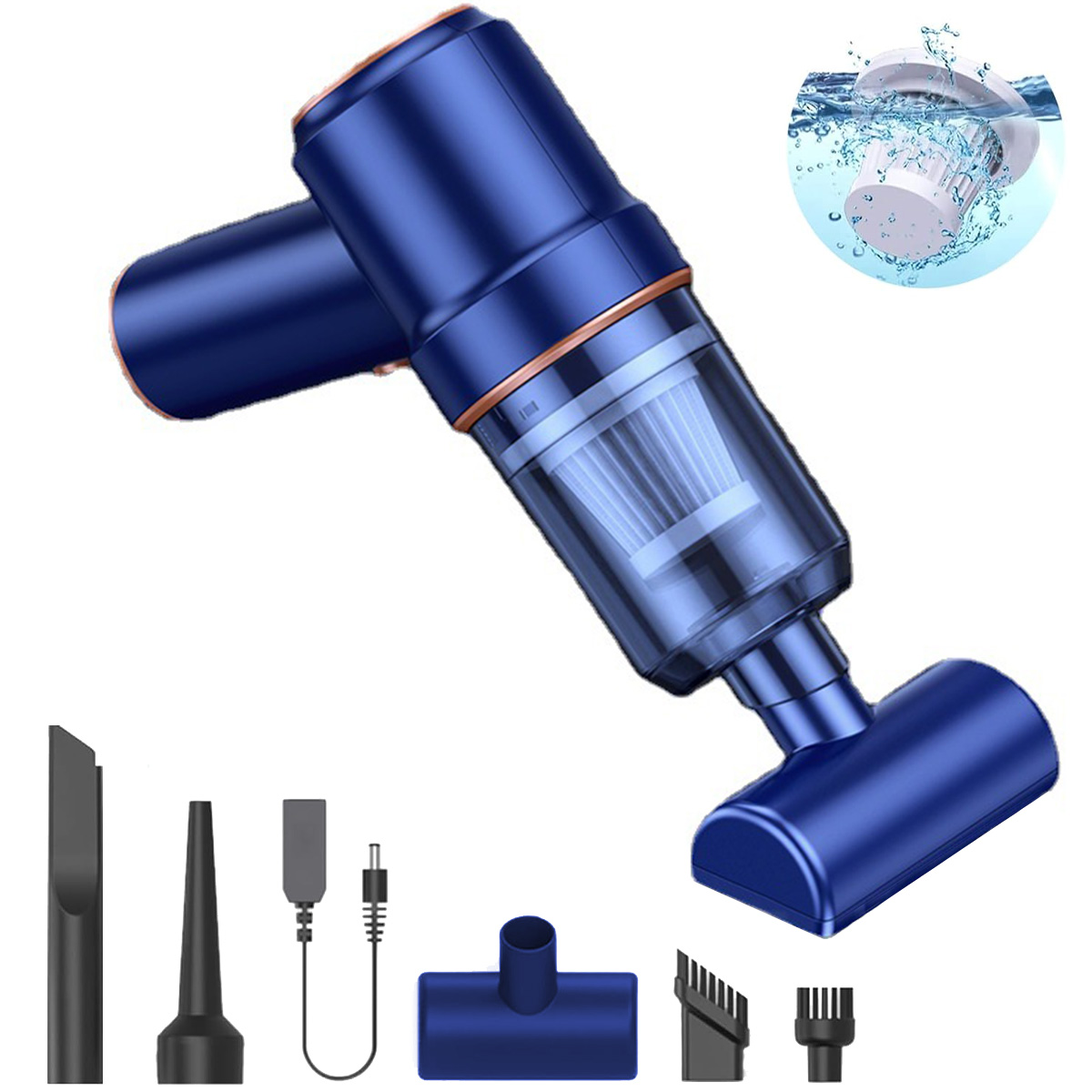Niebieski odkurzacz ręczny z akcesoriami. Zawiera ładowarkę i dysze.