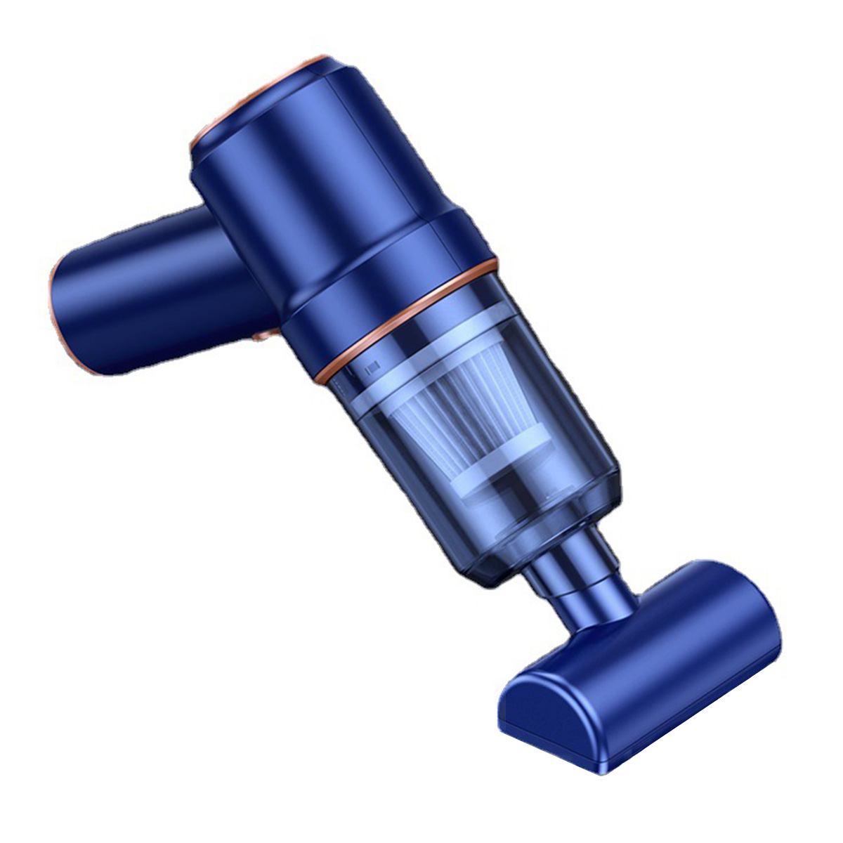 Niebieski bezprzewodowy odkurzacz ręczny z pojemnikiem na kurz i małą dyszą.