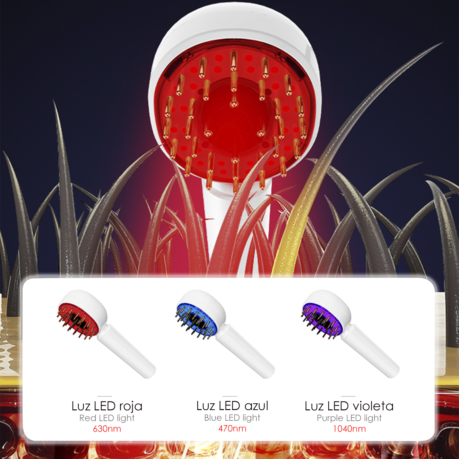 Un dispositivo con luces LED rojas para el tratamiento capilar. Se muestran tres variaciones para diferentes longitudes de onda.