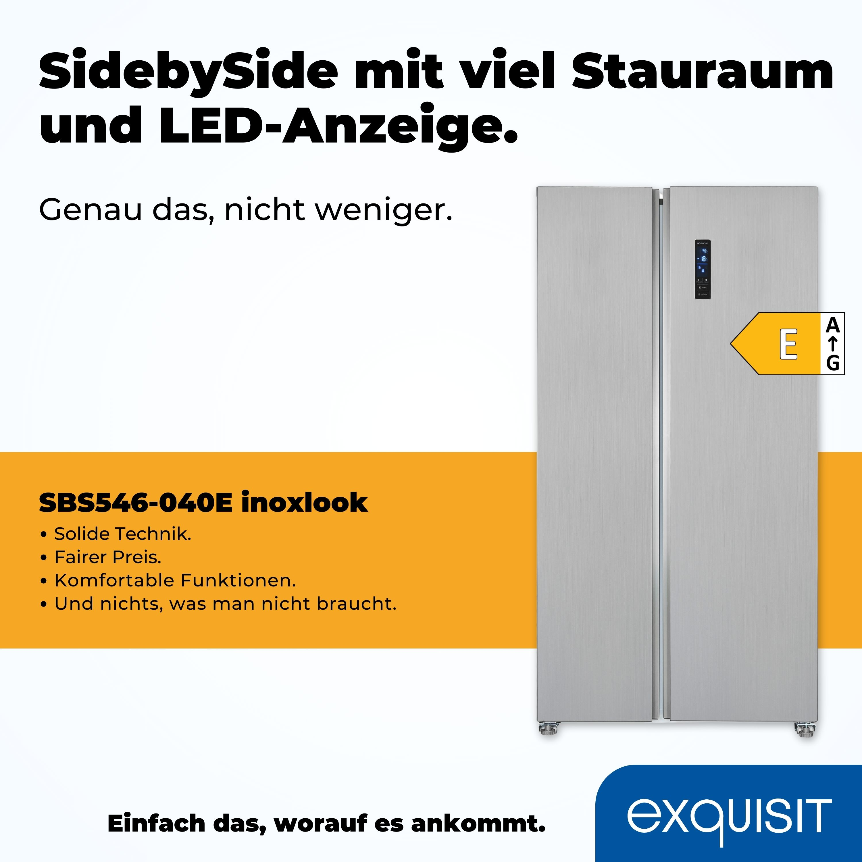Ein Side-by-Side-Kühlschrank in einer modernen Küchenumgebung, der seine Funktionen und Energieeffizienz hervorhebt.