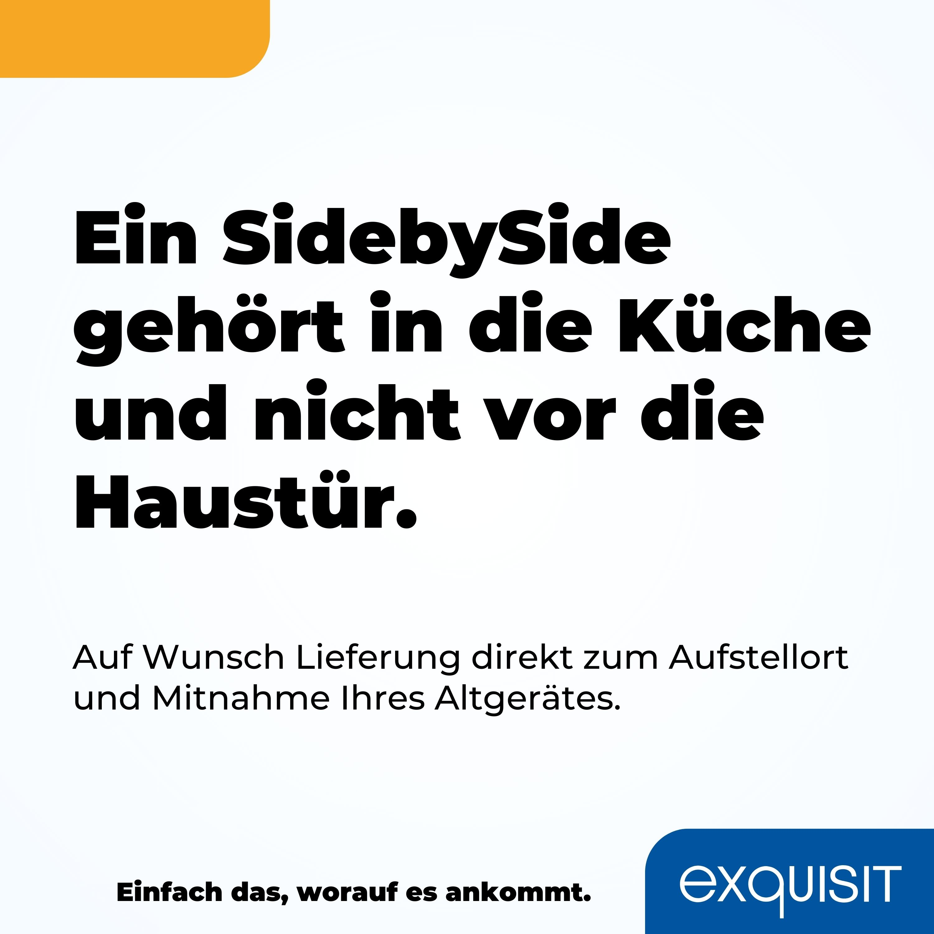 Weißer Hintergrund mit deutschem Text über Side-by-Side-Kühlschränke, bewirbt Lieferung und Abholung.