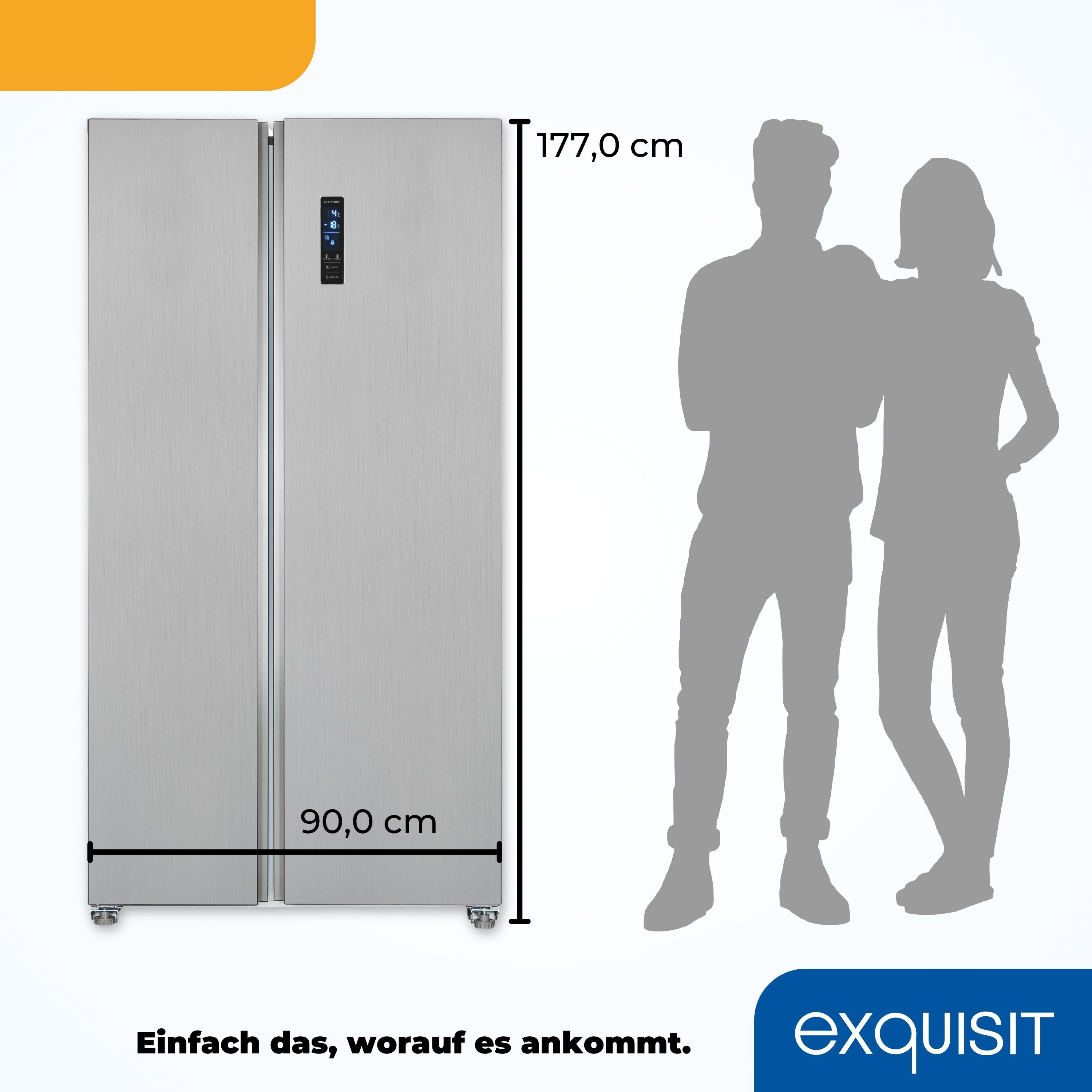 Silberner Doppeltür-Kühlschrank. Zwei Personen im Hintergrund. Text und Logo unten.