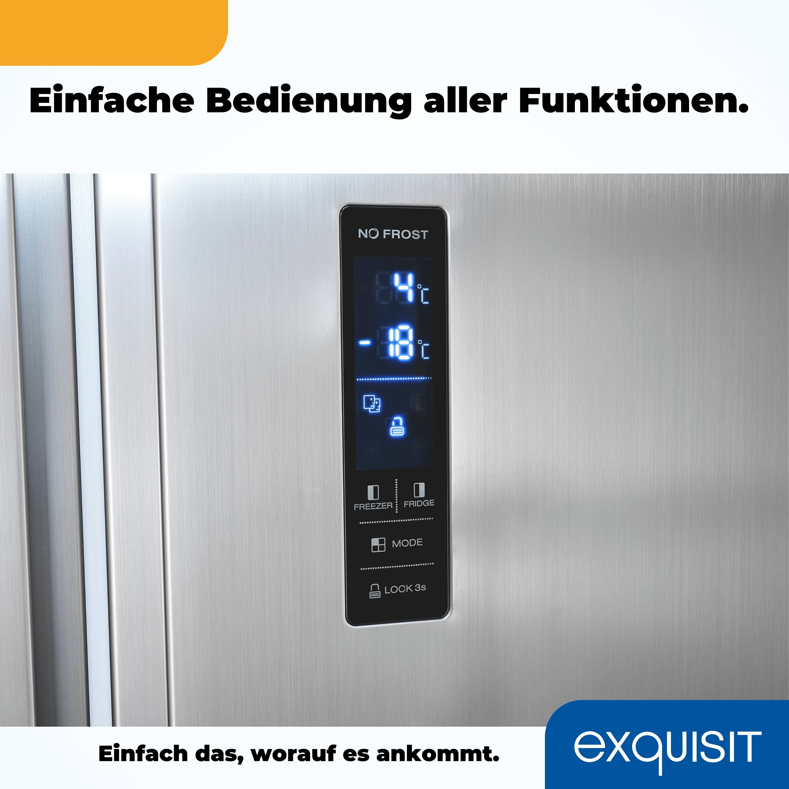 Nahaufnahme eines Kühlschrank-Bedienfelds mit Digitalanzeige und Tasten. Text auf Deutsch.