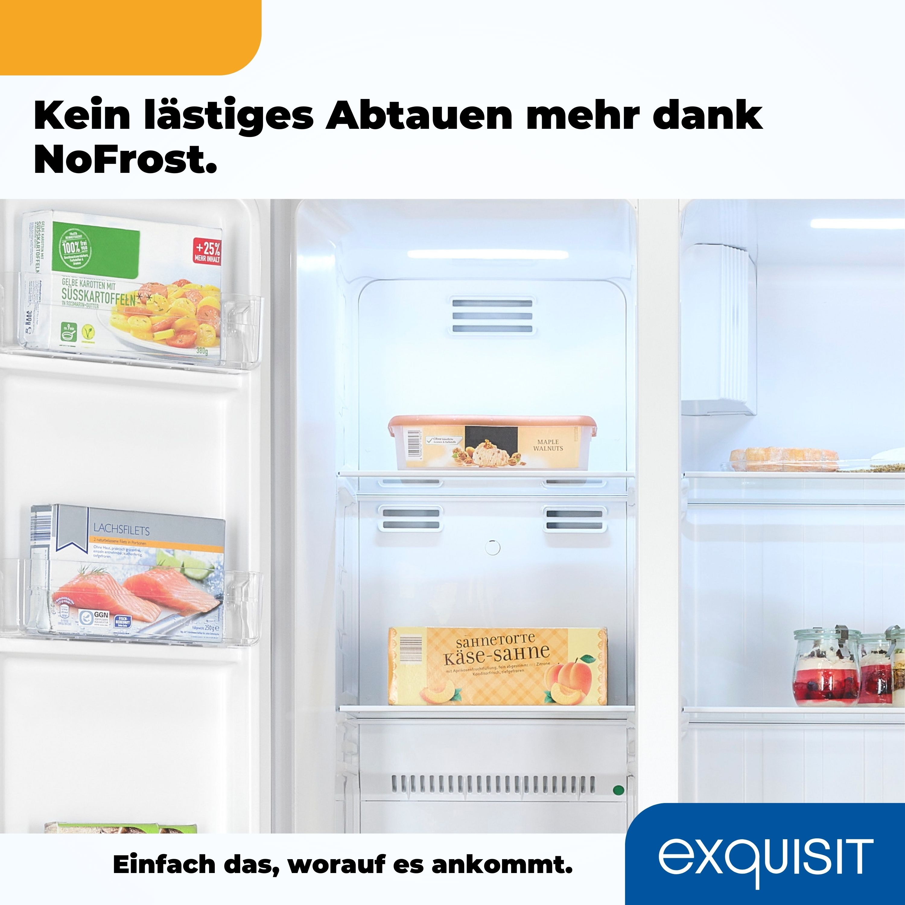 Kühlschrank-Innenraum mit verschiedenen Lebensmitteln.