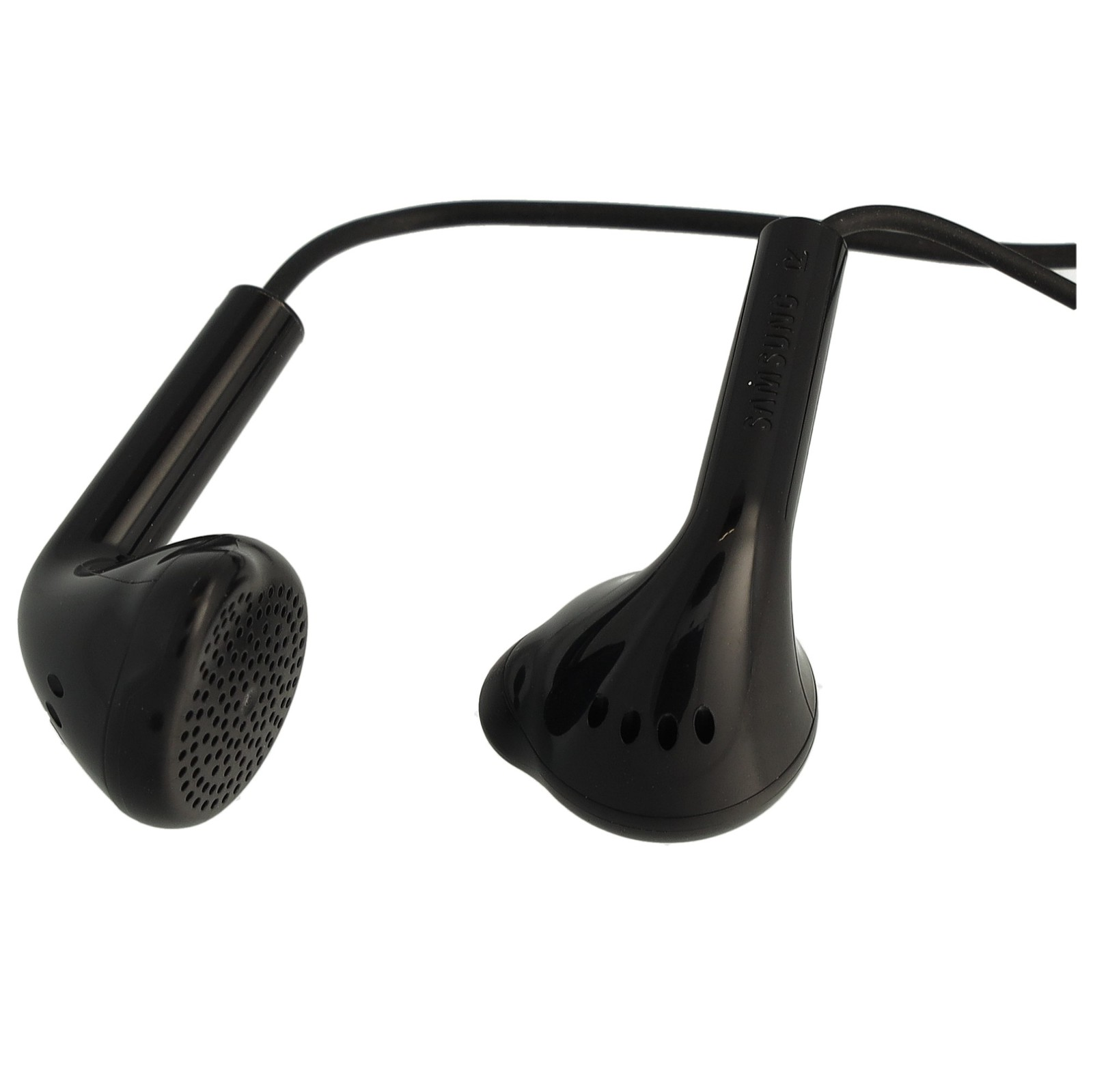 Auricolari neri con un design semplice. Il marchio Samsung è su un auricolare.