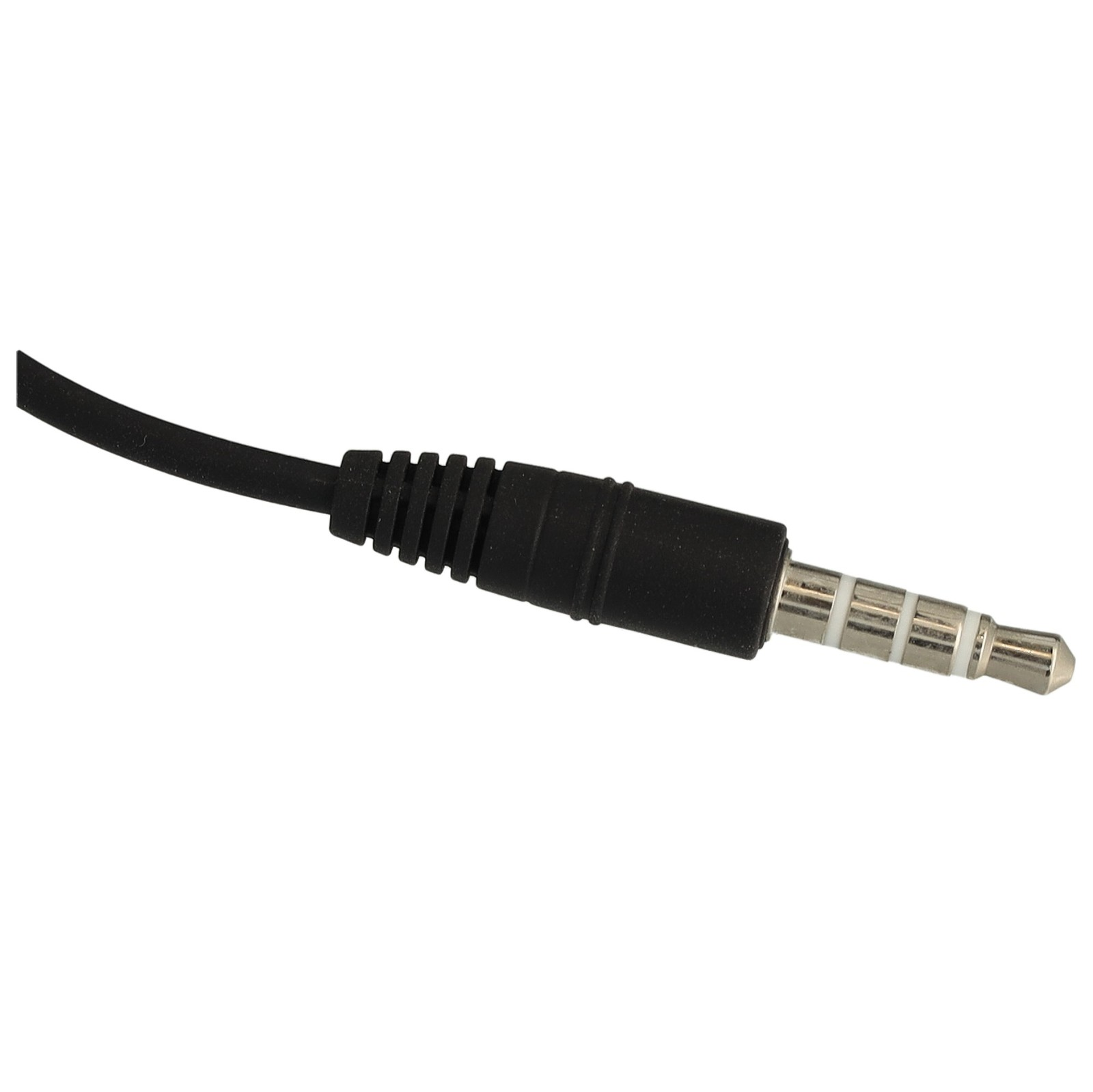 Un primo piano di un connettore jack audio nero con un cavo nero, isolato su sfondo bianco.