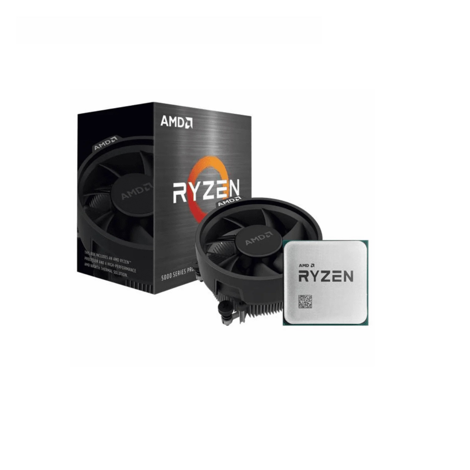 Caja del procesador AMD Ryzen, ventilador y chip del procesador. Todo sobre un fondo blanco.