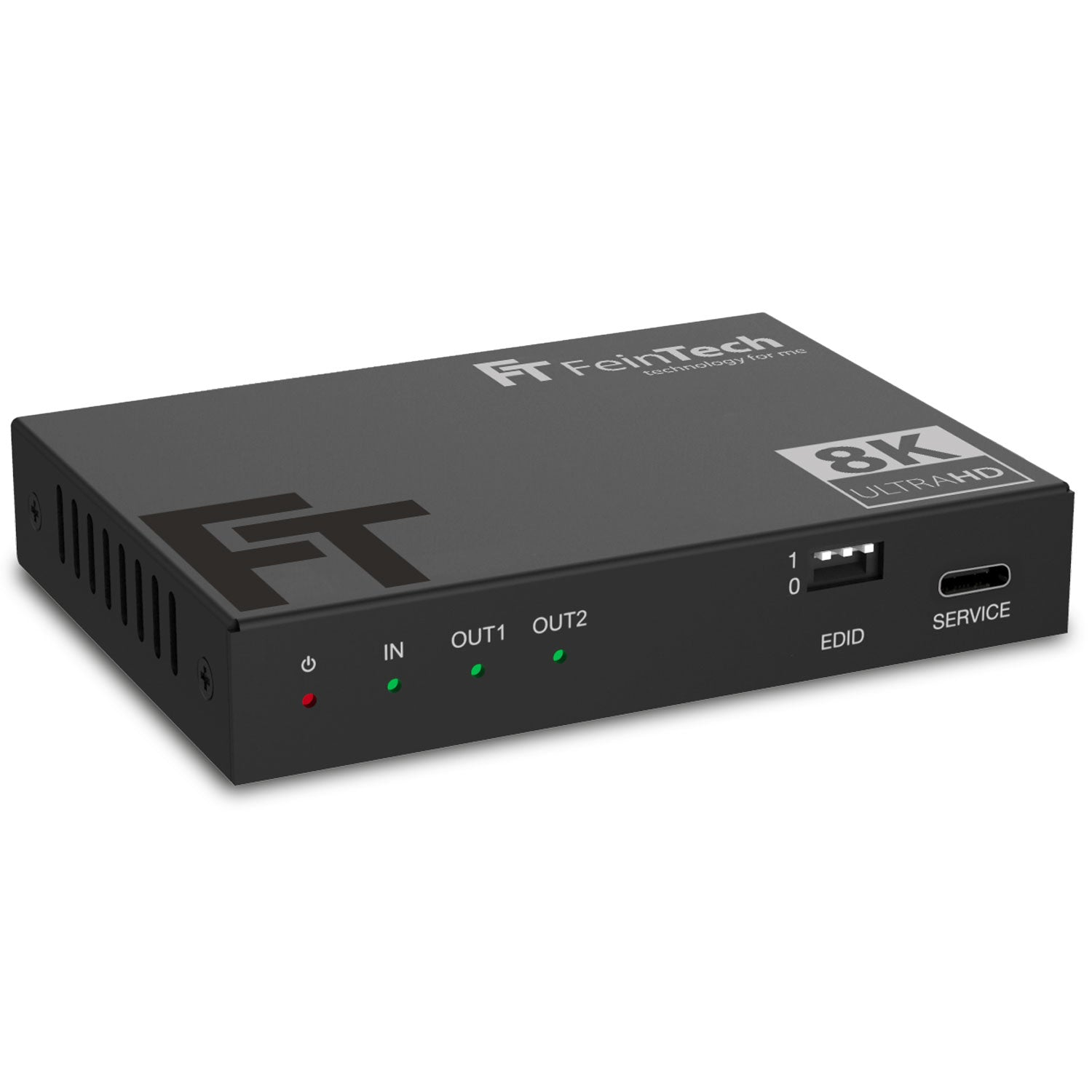 Schwarzes rechteckiges 8K Ultra HD-Gerät mit Anschlüssen IN, OUT1, OUT2 und SERVICE. Die Marke ist FeinTech.