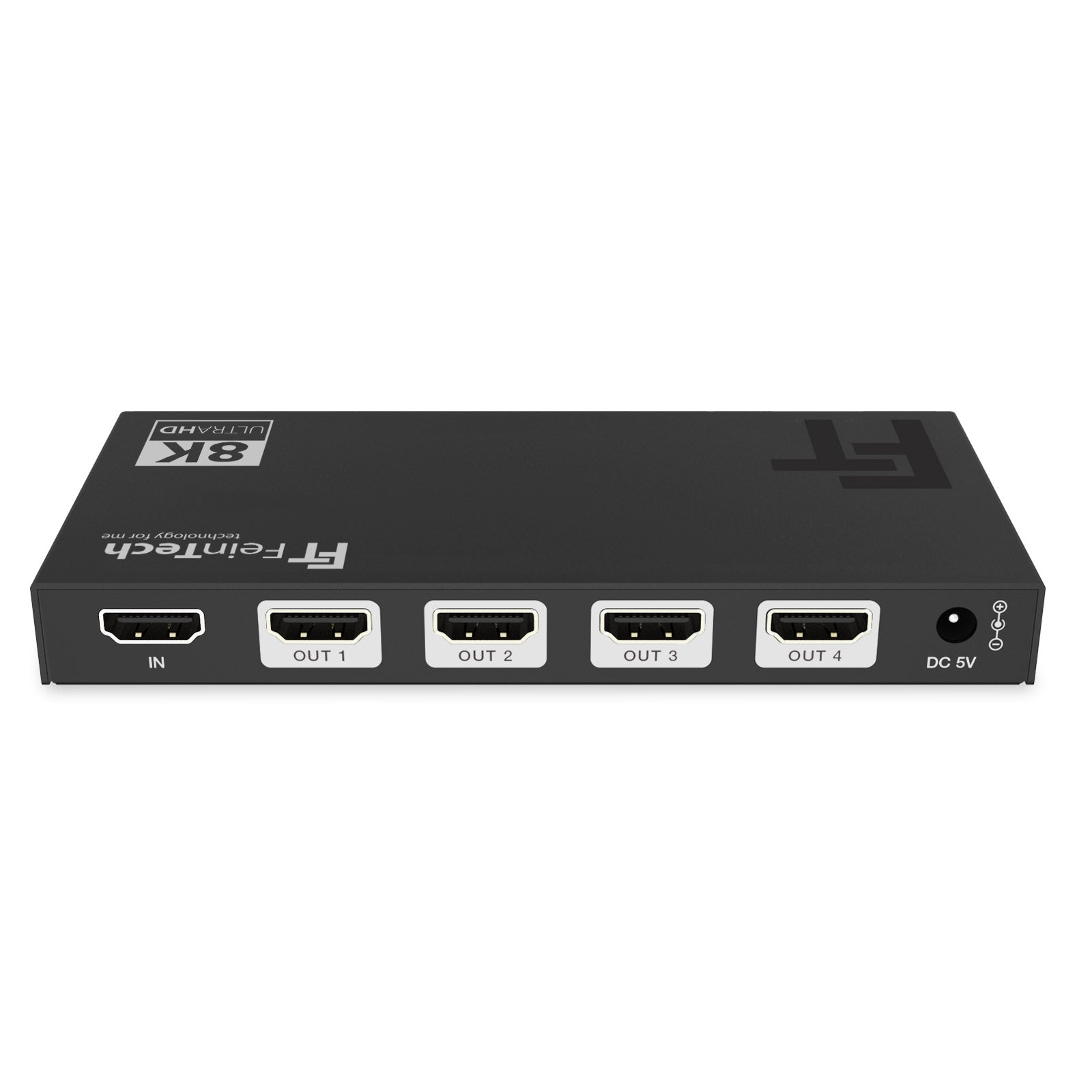 Schwarzer HDMI-Splitter, 8K, mit mehreren Ausgangsanschlüssen und Stromeingang.