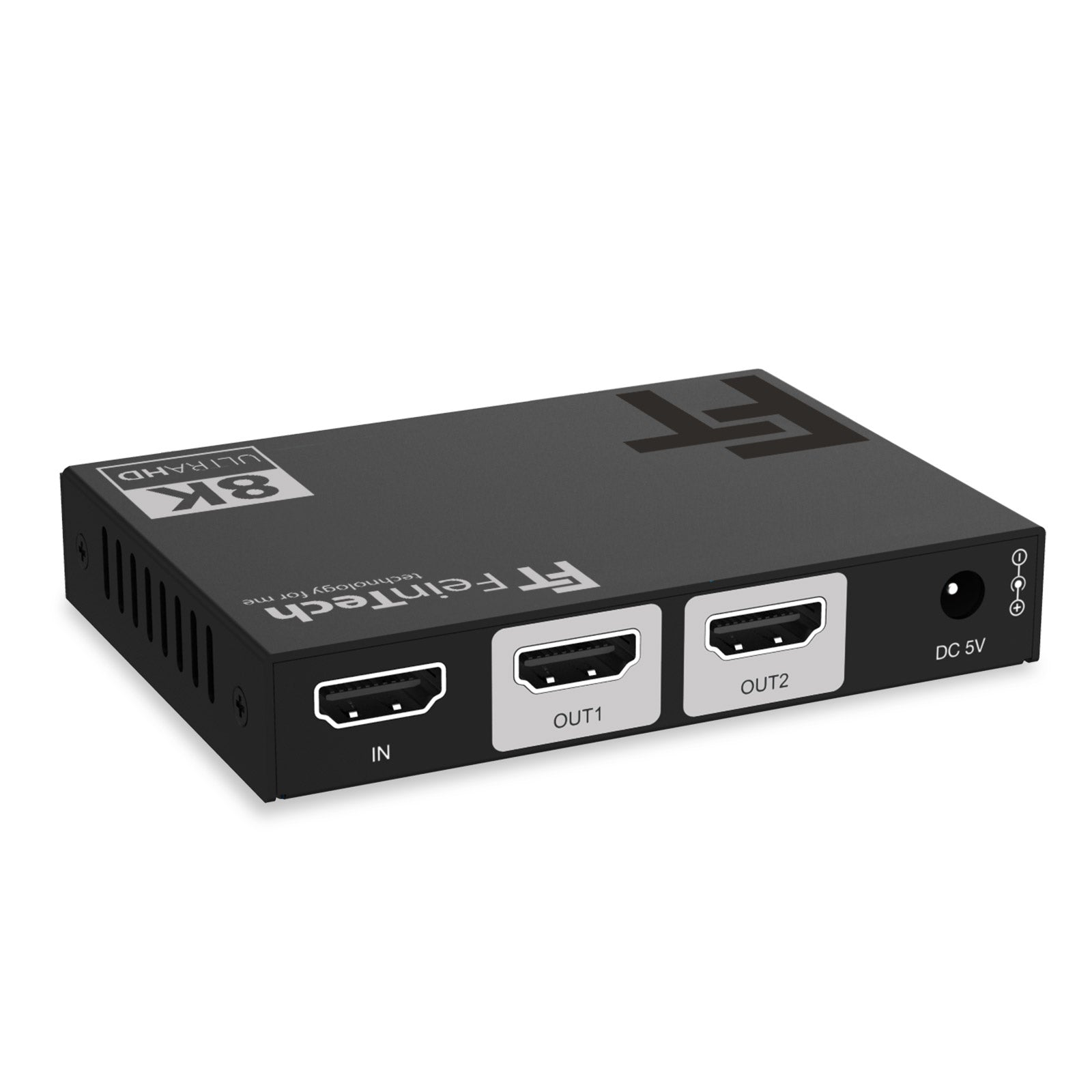 Schwarzer HDMI-Splitter. Er hat HDMI-Anschlüsse und einen Stromeingang. Die Marke ist FT Feintech.