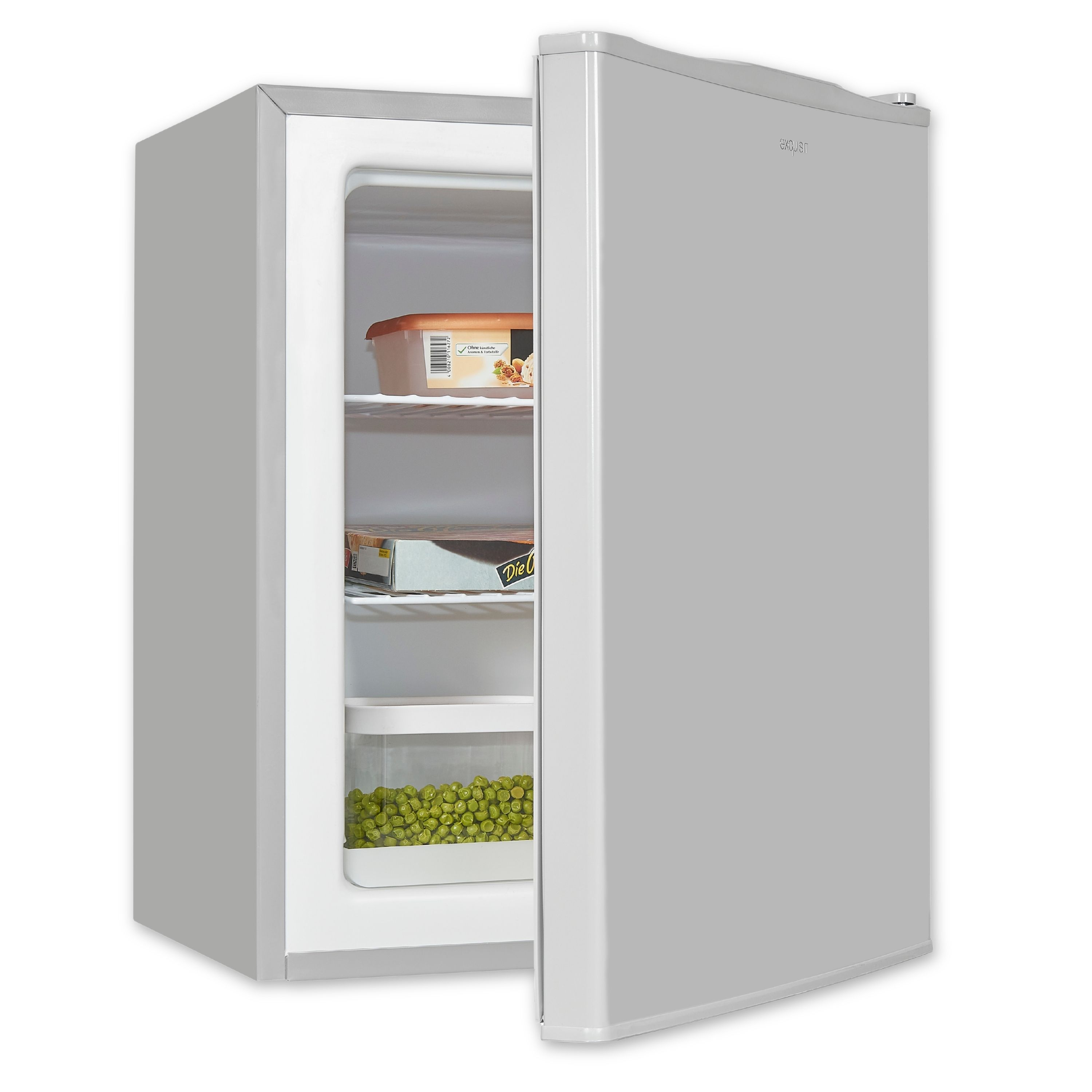 Ein grauer Kühlschrank mit offener Tür, zeigt Regale und Inhalt.