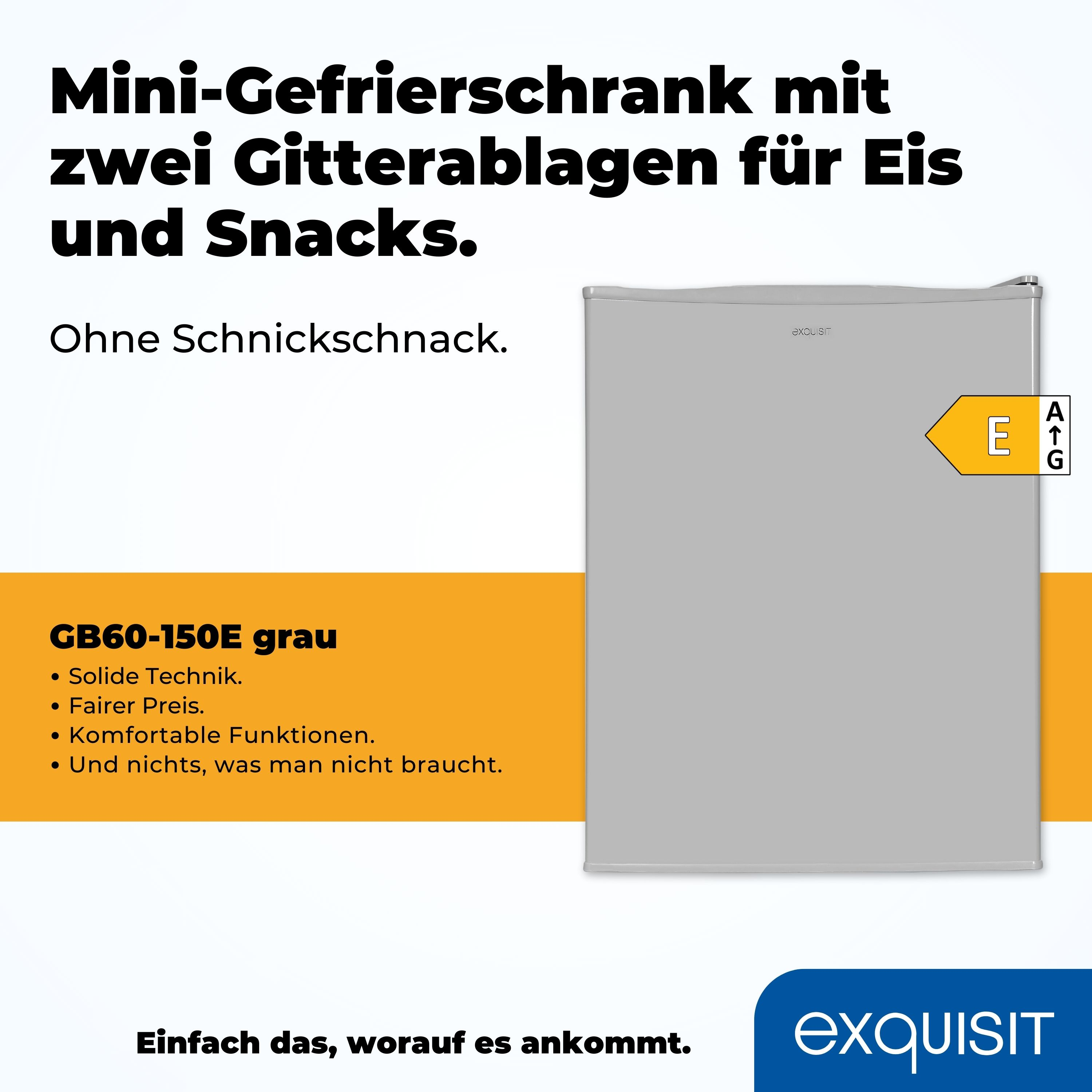 Kleiner grauer Mini-Kühlschrank mit Text über zwei Regale für Eis und Snacks und einem Energielabel.