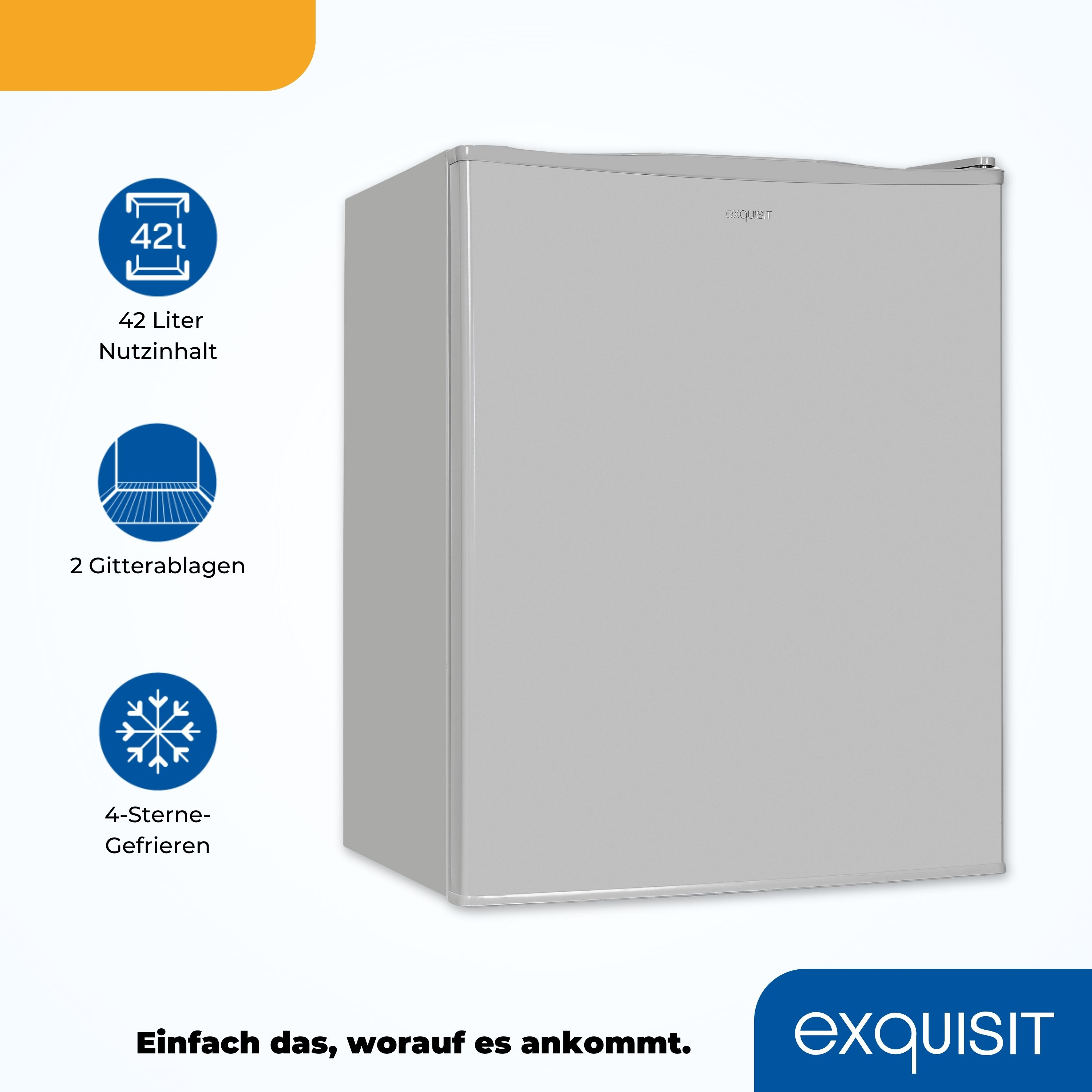 Ein kleiner, silberner Kühlschrank mit Text und Symbolen, die Funktionen anzeigen.