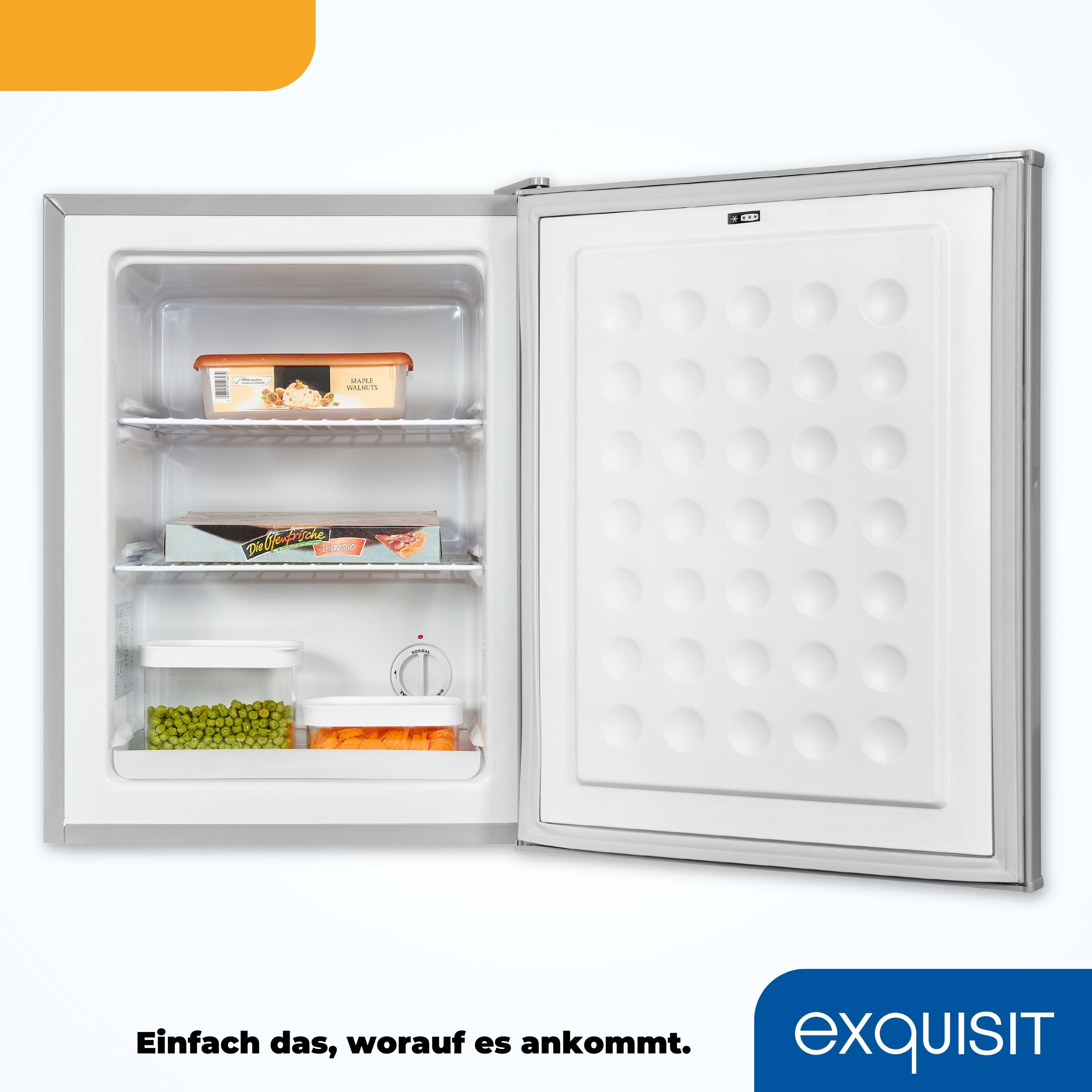 Ein kleiner, offener Kühlschrank mit Lebensmitteln in den Regalen, mit Text und Logo darunter.