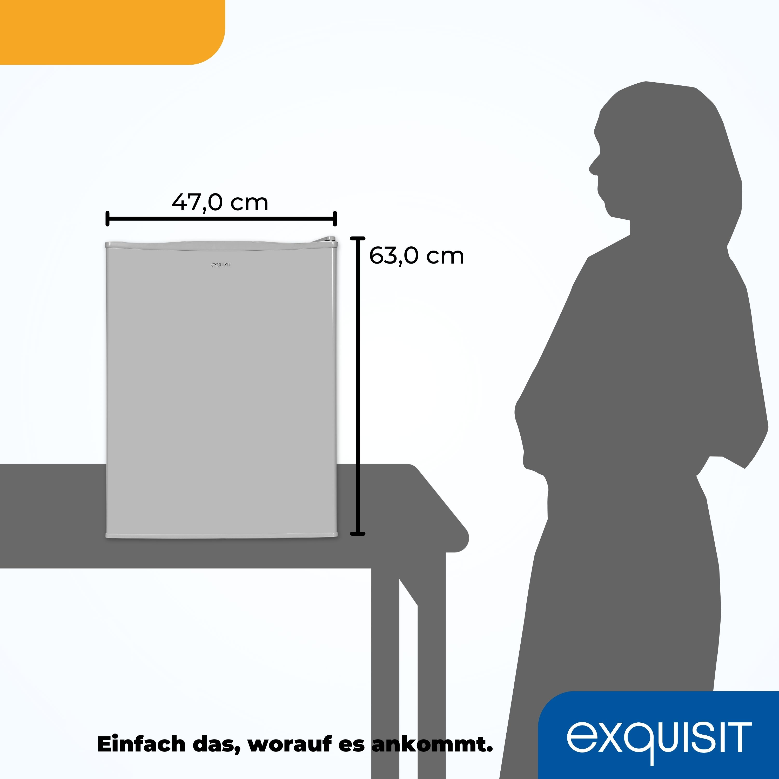 Ein silberner Kühlschrank mit angegebenen Maßen, neben einer Personensilhouette. Text unten: Exquisit.