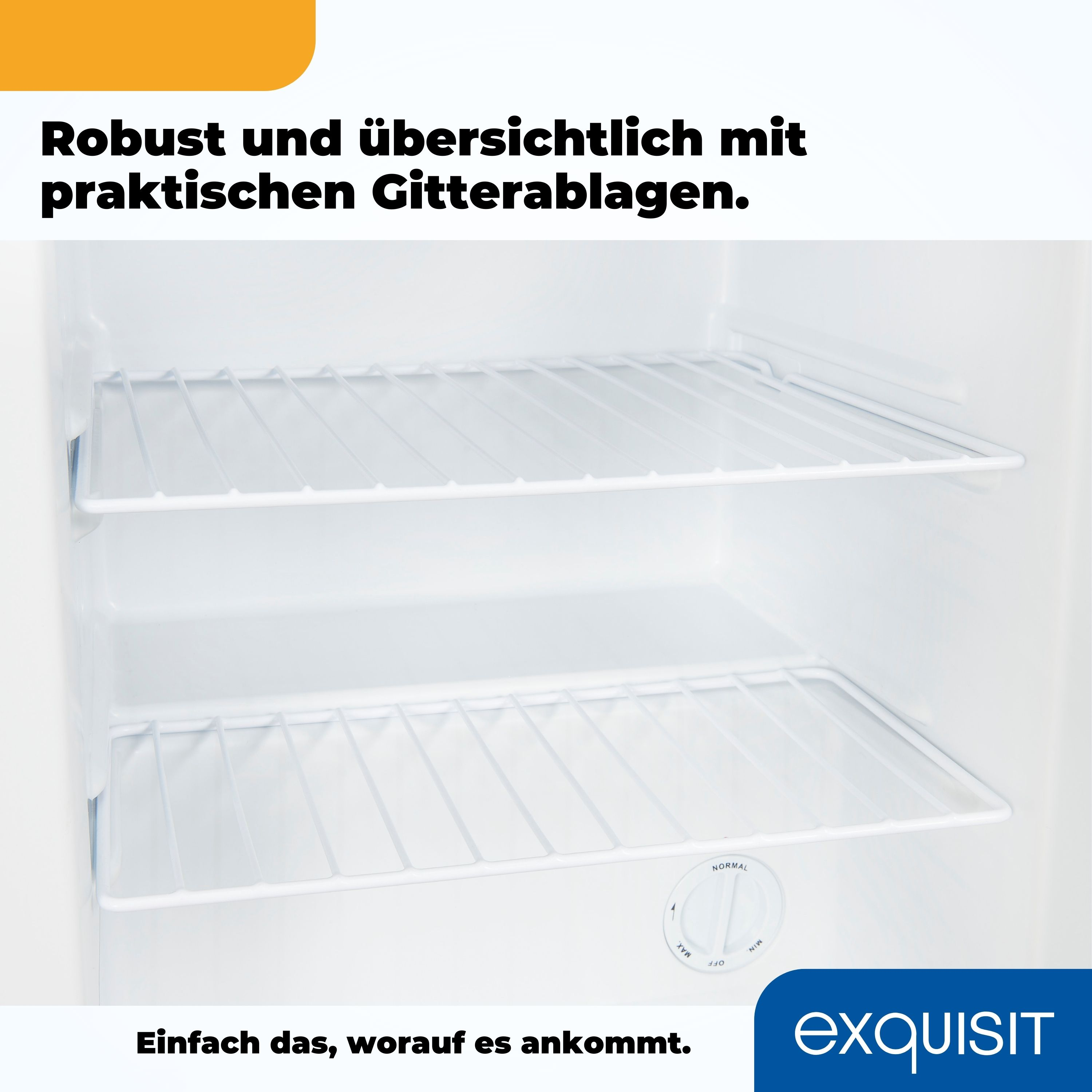 Weißer Kühlschrankinnenraum mit Drahtregalen. Bedienknopf. Text auf Deutsch. Weißer Hintergrund.