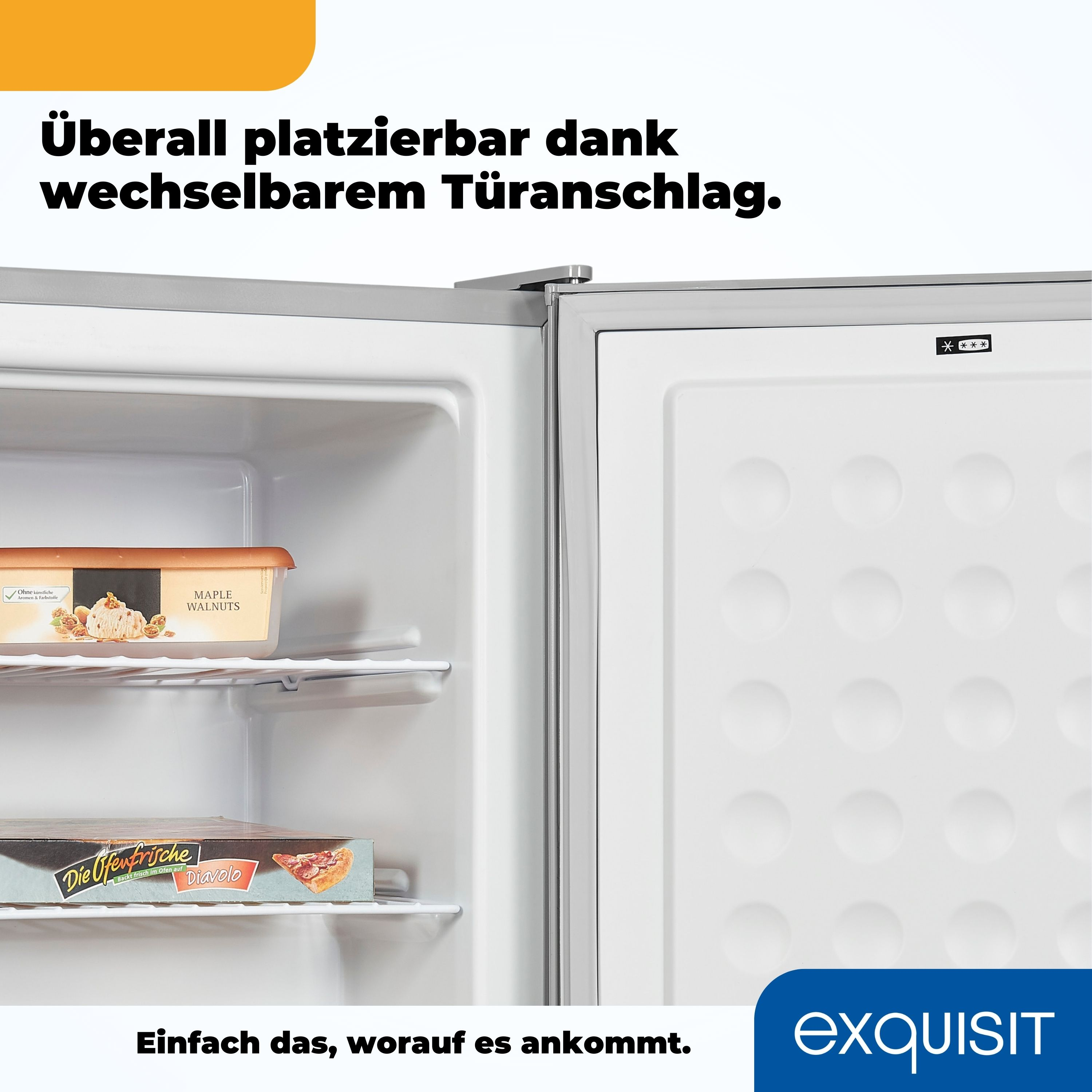 Kühlschrankinnenraum mit Lebensmitteln und Text auf der Tür: exqusit.