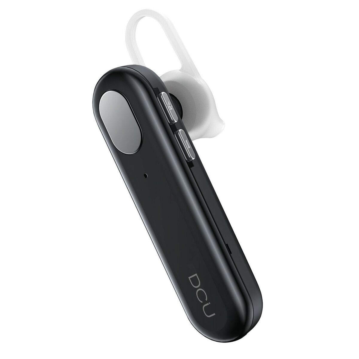 Een zwarte Bluetooth-headset met een witte oordop op een witte achtergrond.