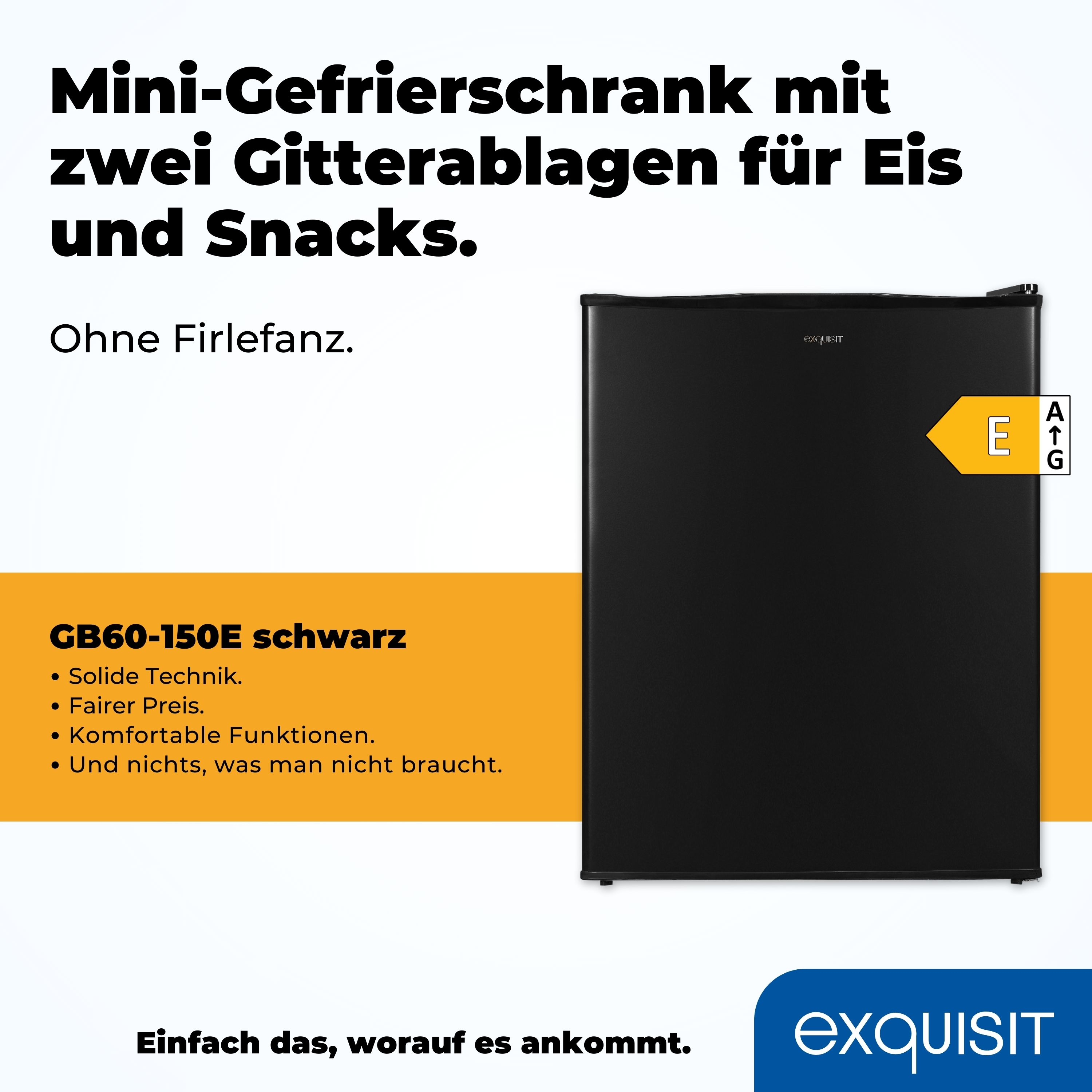 Schwarzer Mini-Gefrierschrank mit Produktinfo und Energieeffizienz-Label.
