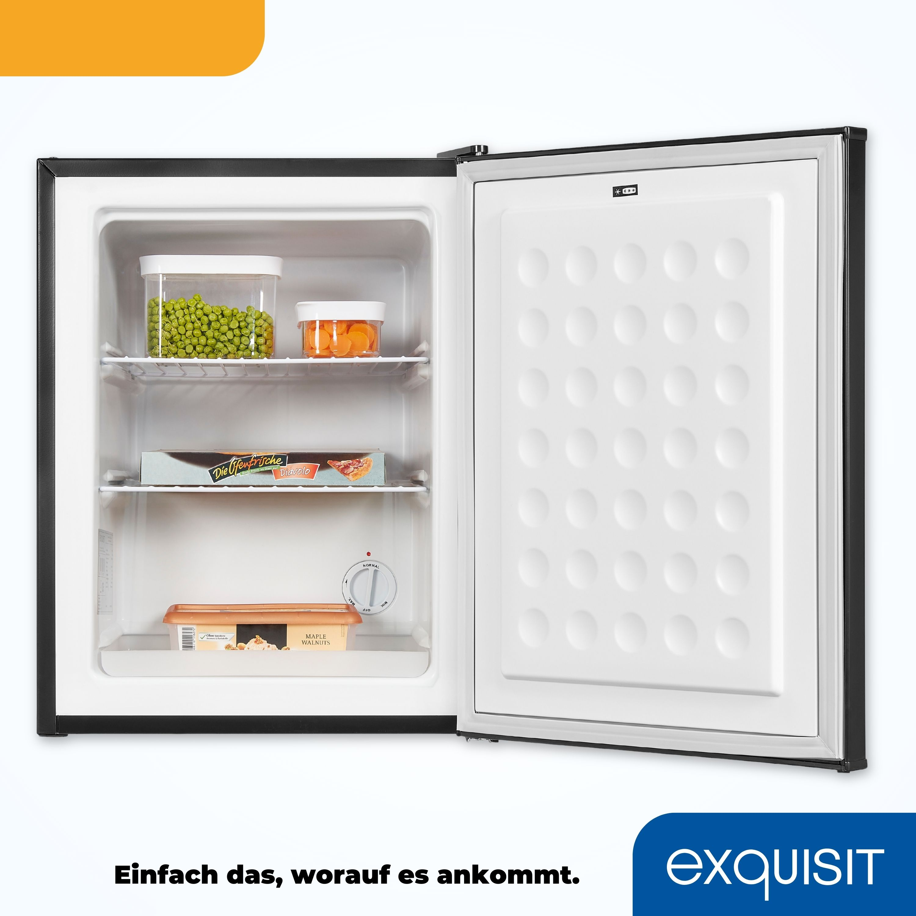 Offener schwarzer Kühlschrank mit Lebensmitteln. Weißer Innenraum, Gemüse, Tiefkühlkost.