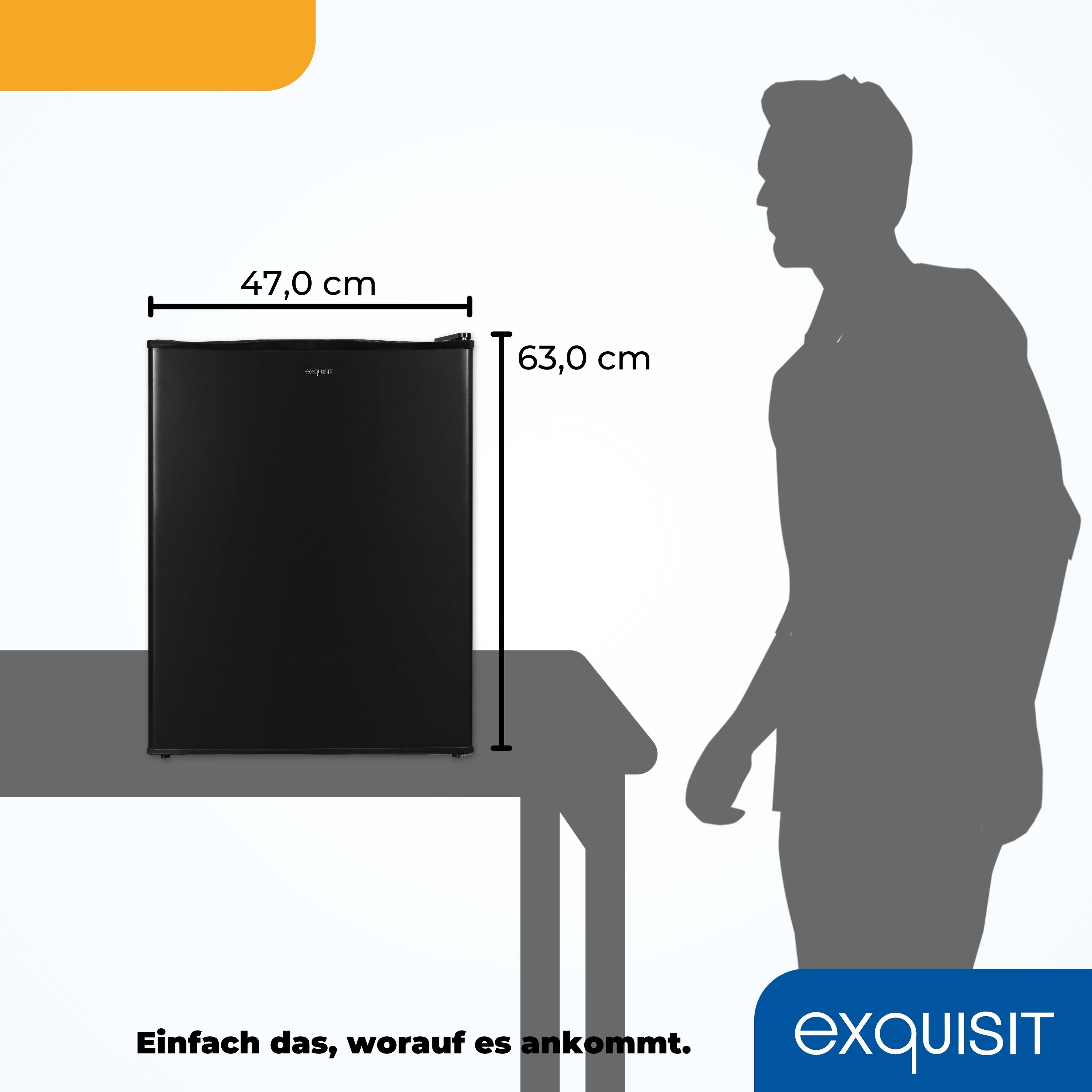 Schwarzer Minikühlschrank mit Maßen, neben einer Personensilhouette.