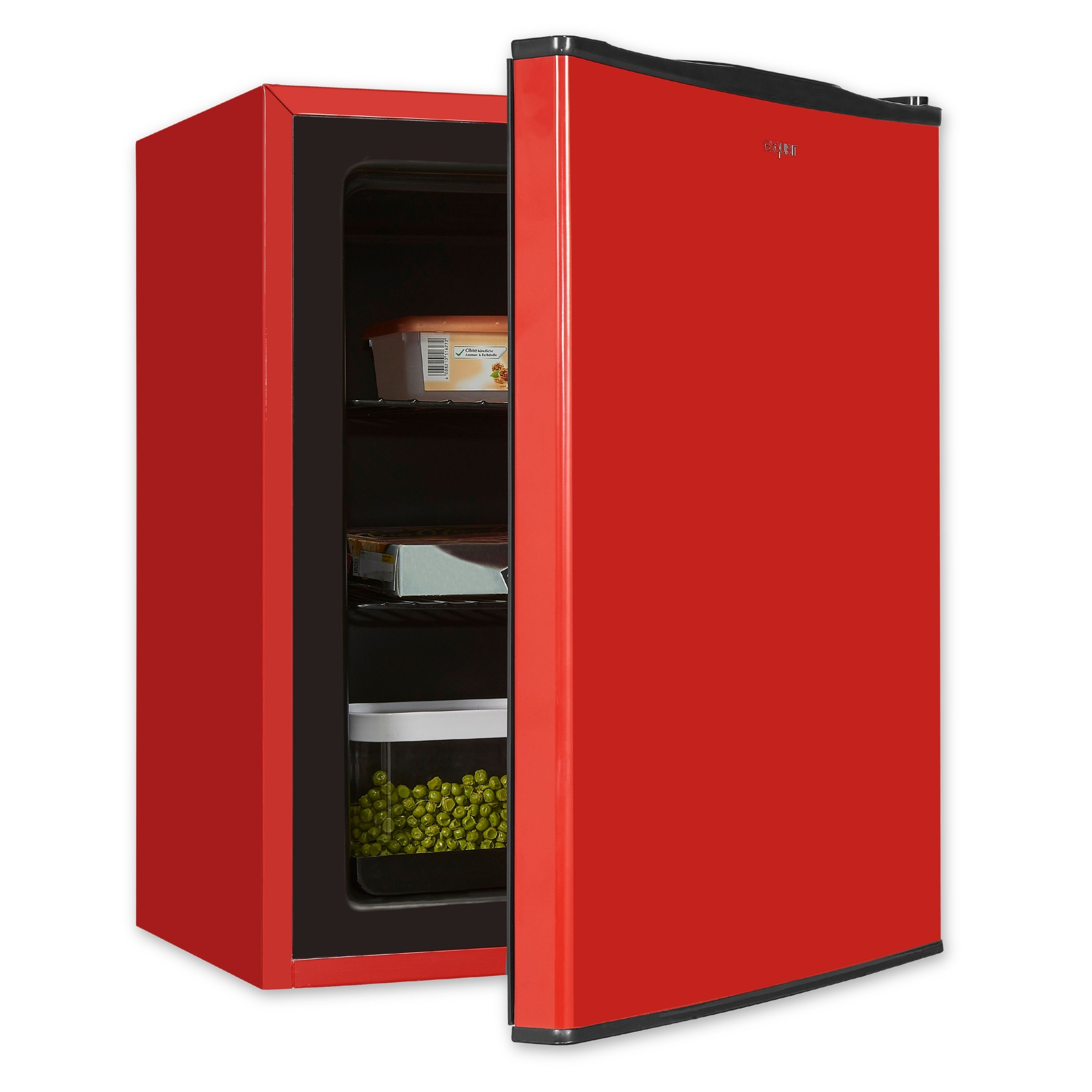 Ein roter Mini-Kühlschrank, Tür offen, zeigt Regale mit Lebensmitteln im Inneren.