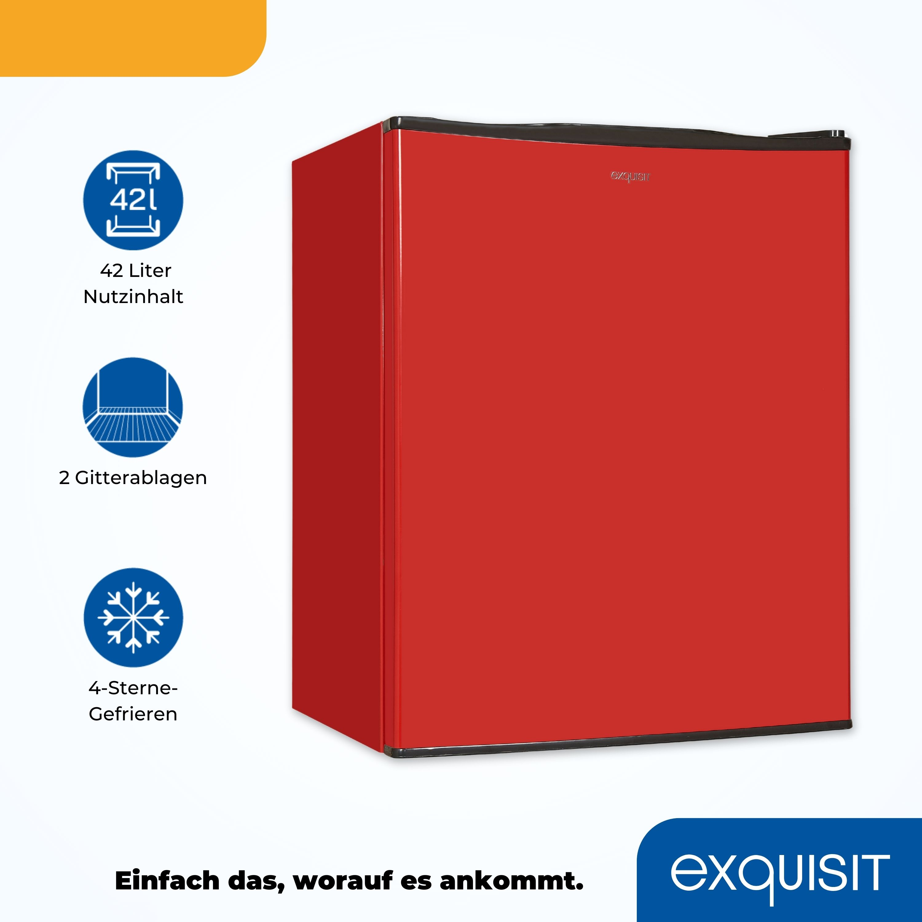 Ein roter Mini-Kühlschrank mit Symbolen für Kapazität, Ablagen und Gefrierfach. Text auf Deutsch umgibt ihn.