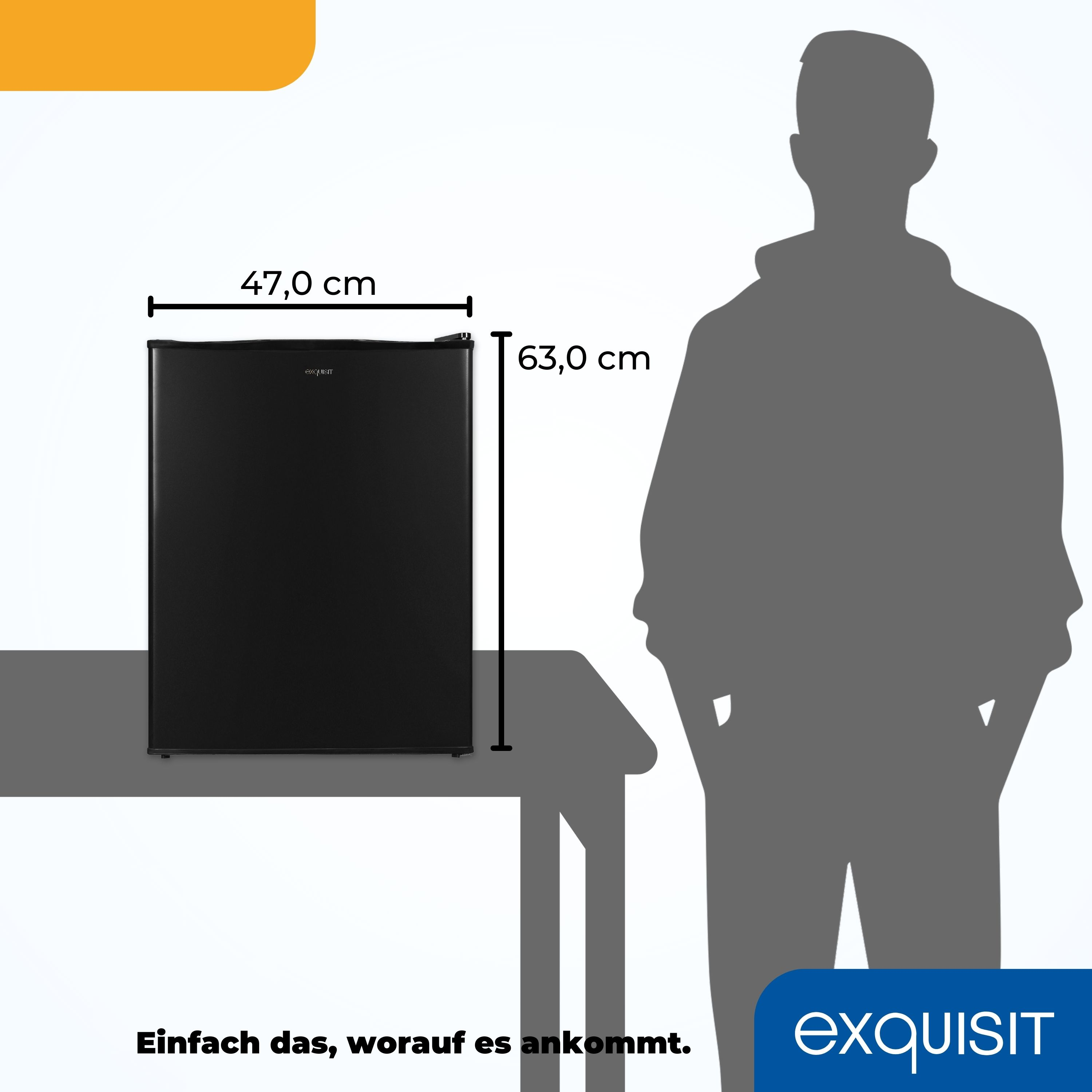 Schwarzer Kühlschrank auf einem Ständer, mit einer Person Silhouette daneben. Text: Einfach das, worauf es ankommt.