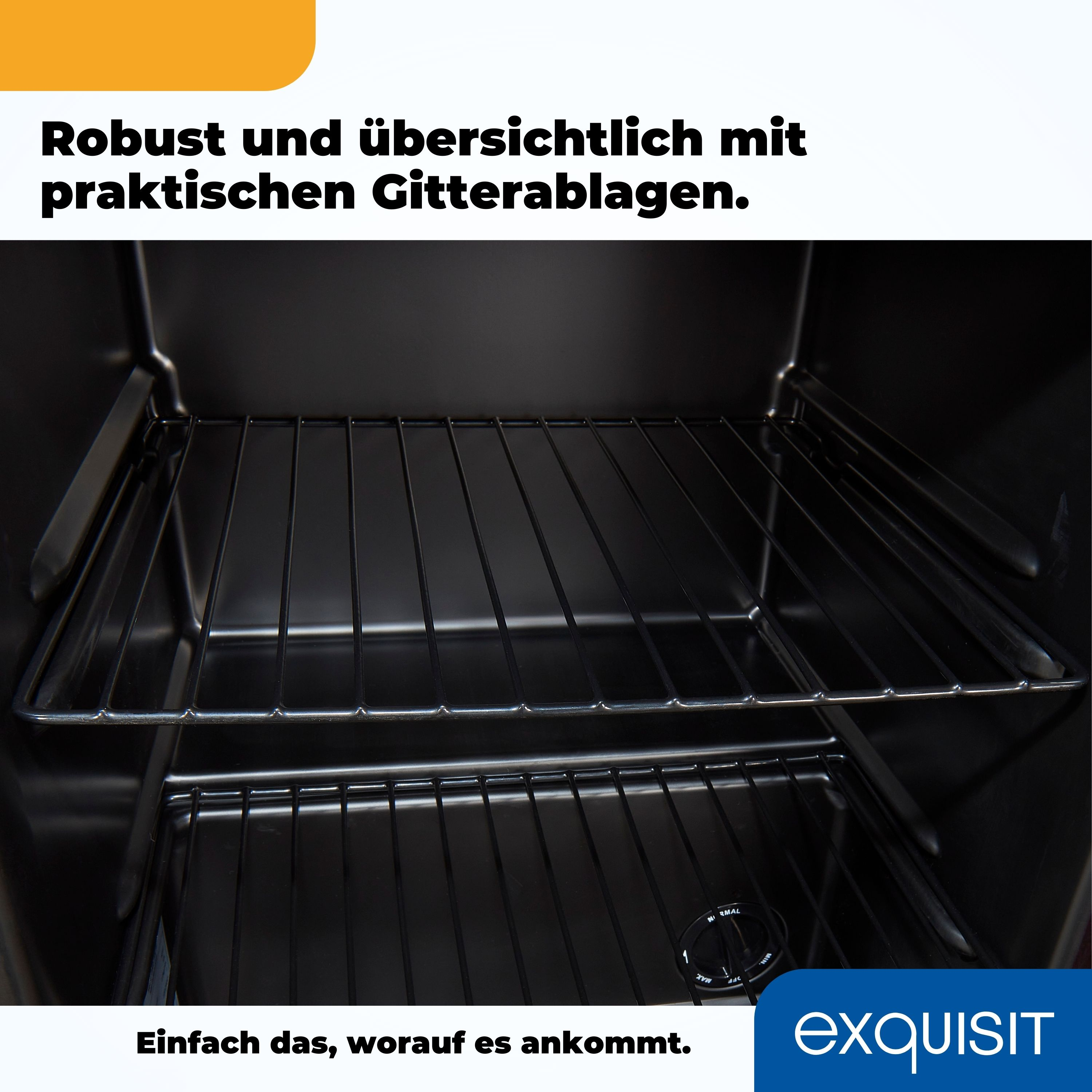 Schwarzer Innenraum eines Räucherofens mit Rosten und einem Temperaturregler, beschriftet mit 'exquisit'.