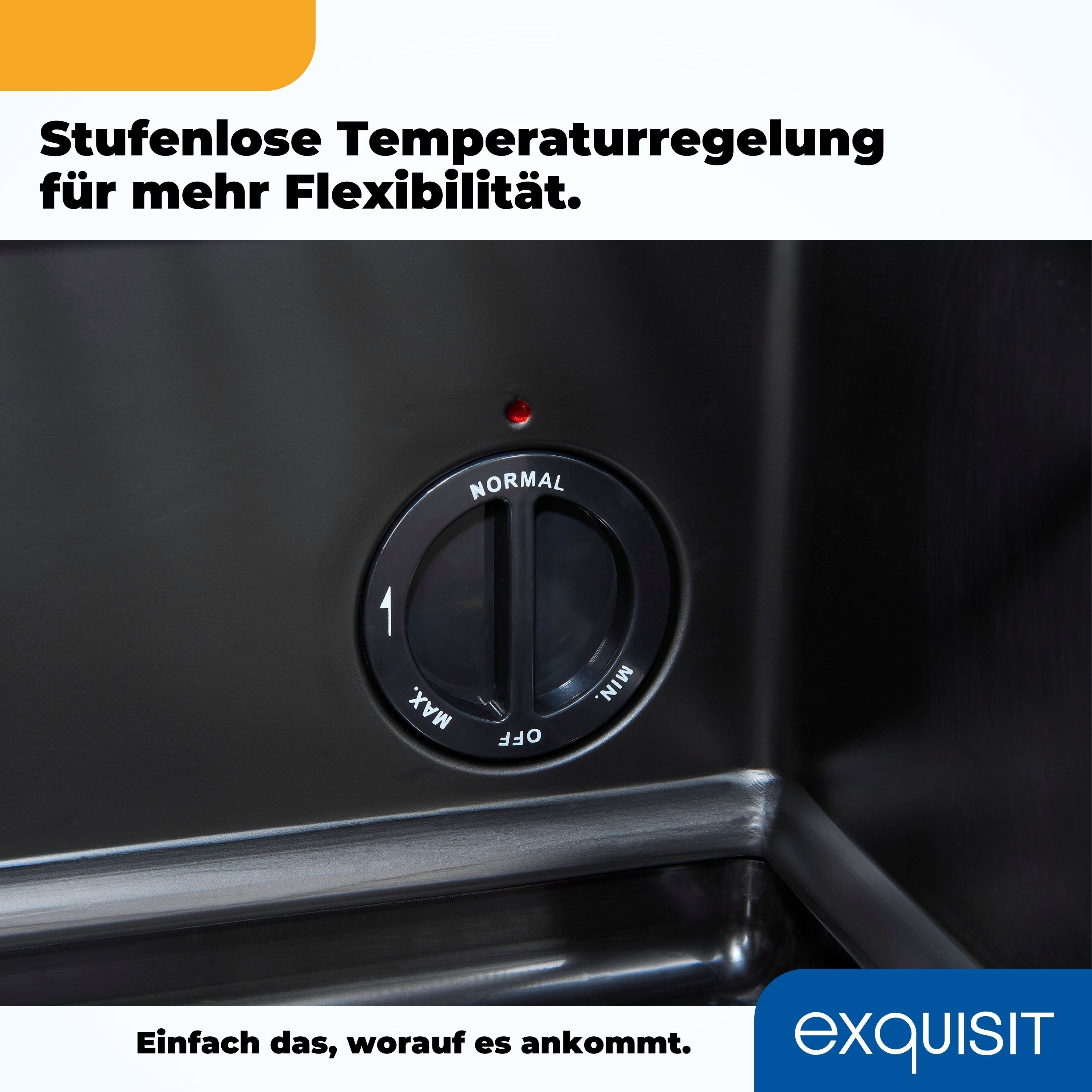 Nahaufnahme eines schwarzen Drehreglers mit den Beschriftungen 'NORMAL', 'MAX', 'MIN' und 'OFF'.