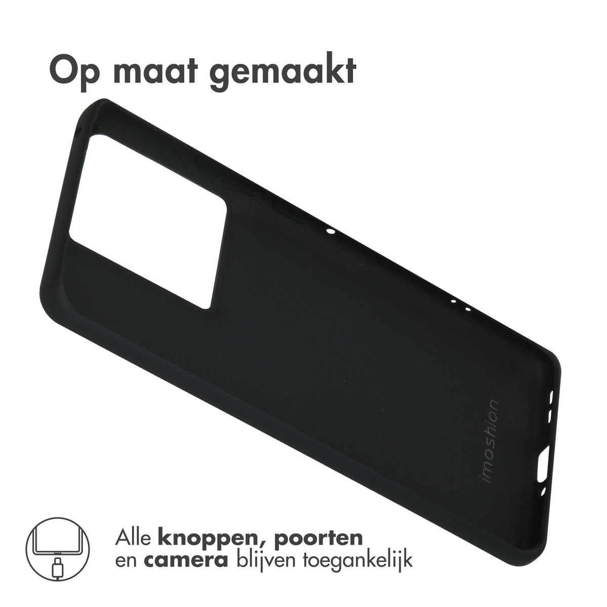 Coque de téléphone noire avec découpes pour appareil photo, boutons et ports.