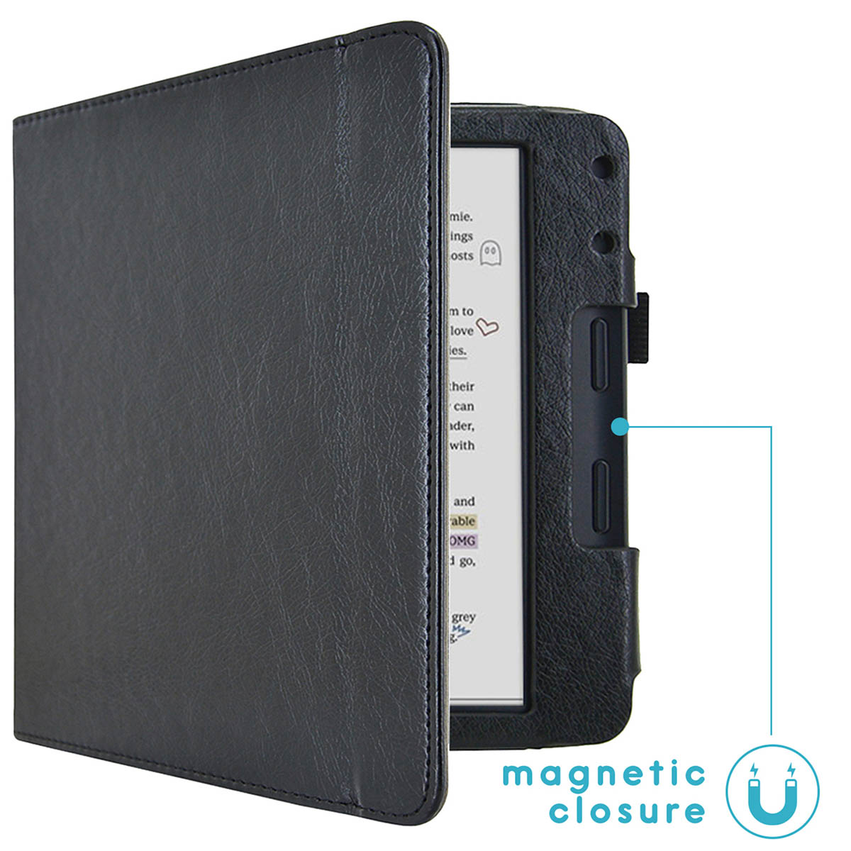 Zwarte e-reader hoes open, het apparaat tonend. Tekst op het scherm. Magnetische sluiting aangegeven.