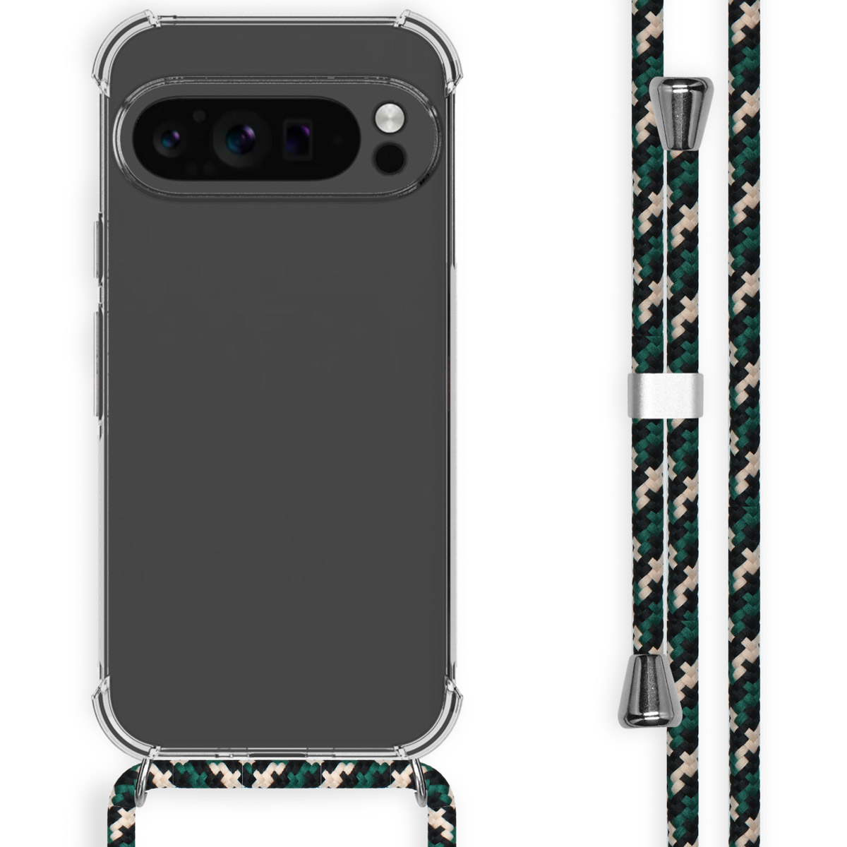 Une coque de téléphone avec un cordon. La coque est à l'arrière d'un téléphone. Le cordon est coloré.