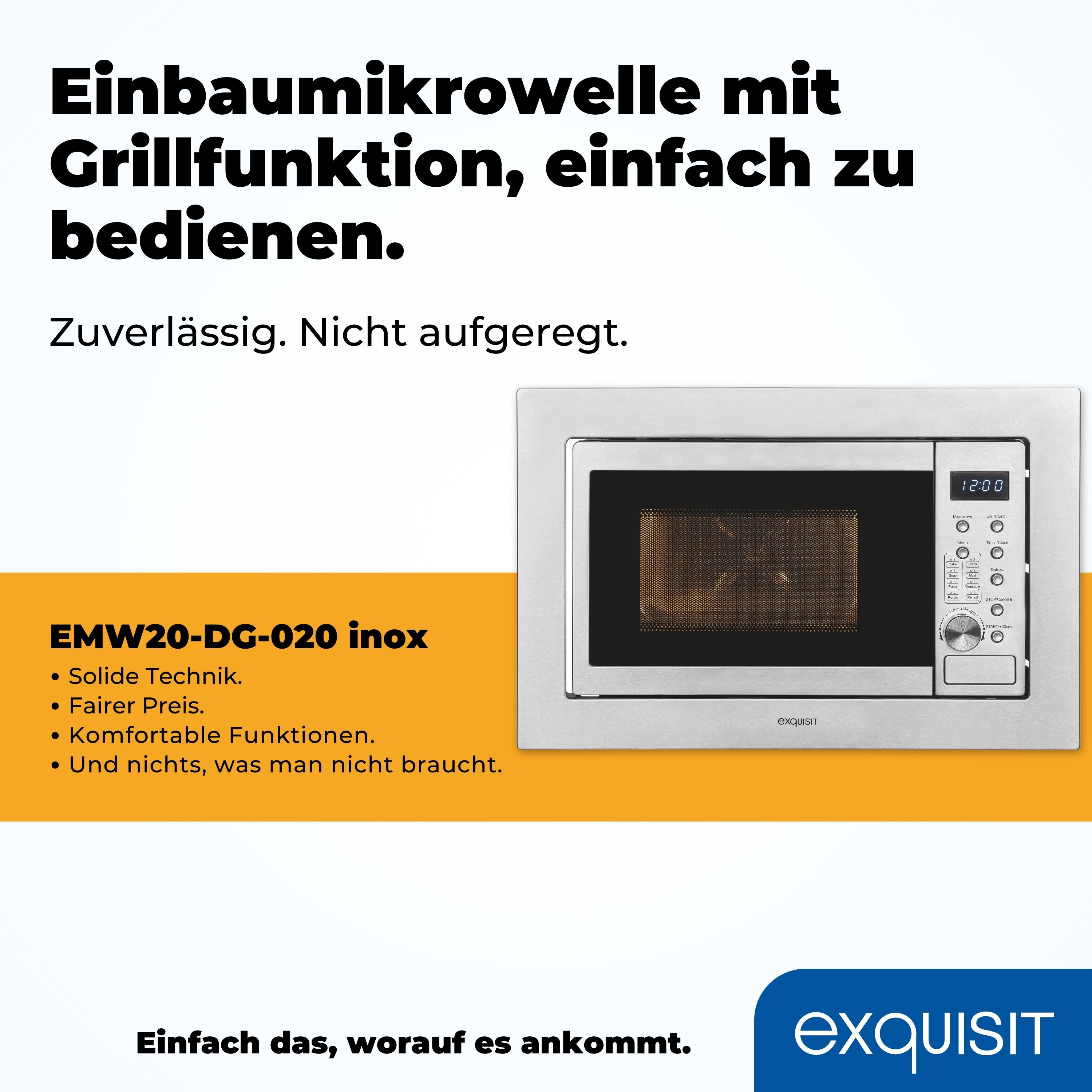 Silberne Einbau-Mikrowelle. Text auf dem Produkt mit Knöpfen und Display.