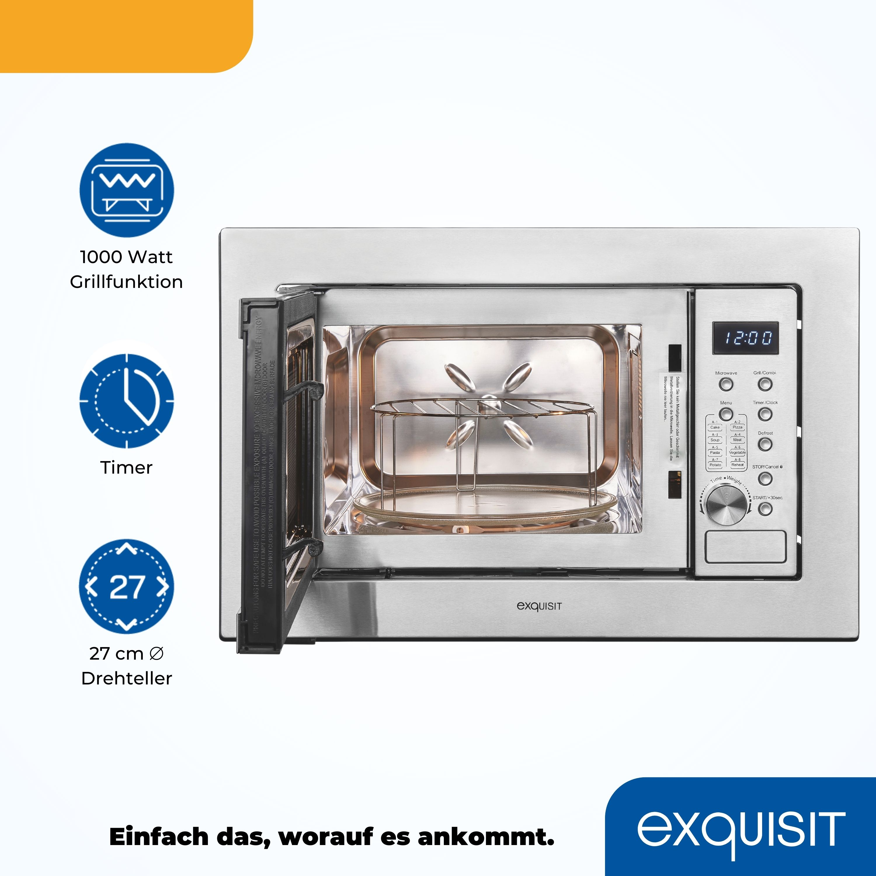 Mikrowelle, geöffnet. Zeigt Timer, Grillfunktion und Drehteller. Marke 'Exquisit'.