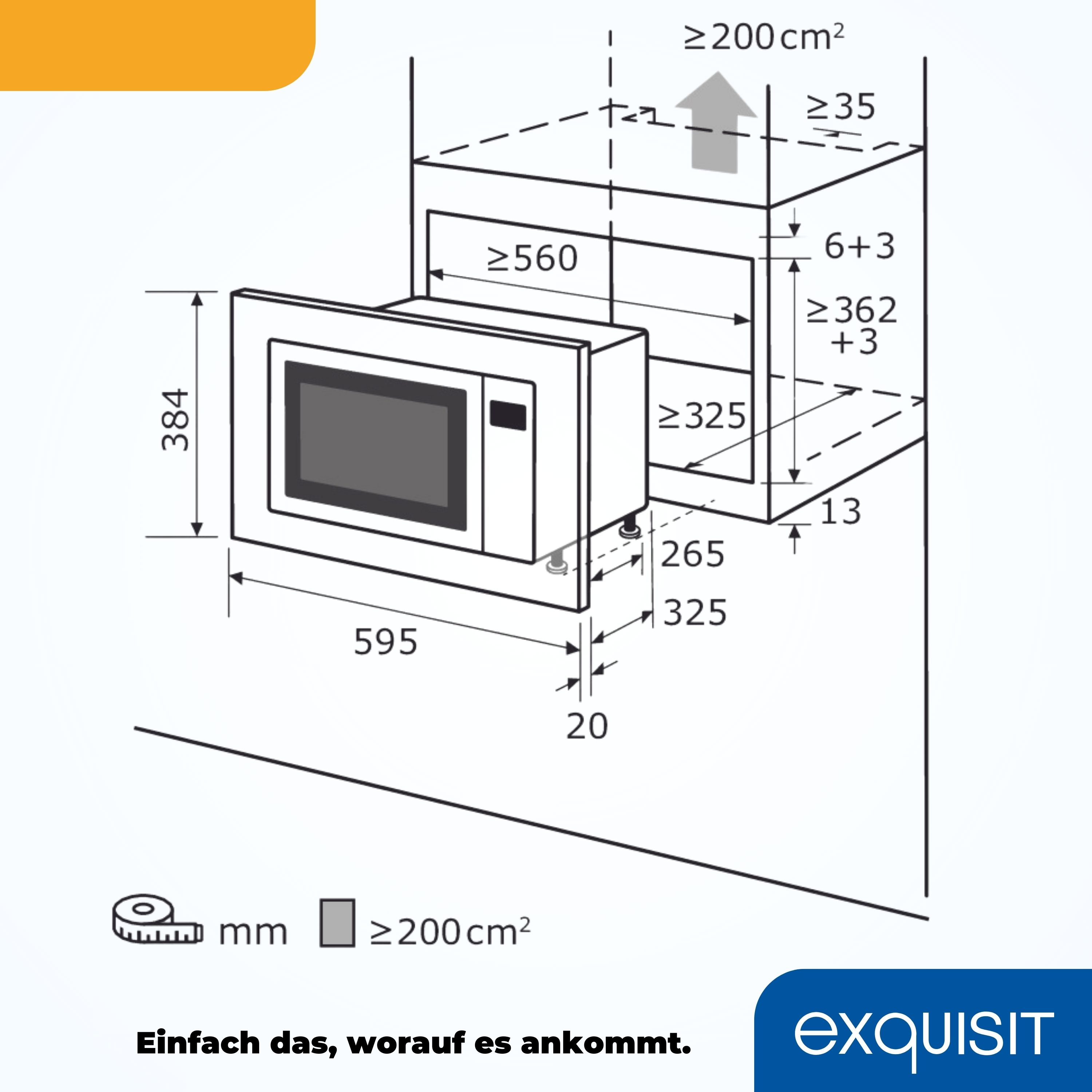 Weißer Mikrowellenherd mit Abmessungen und einer Messdiagramm daneben.