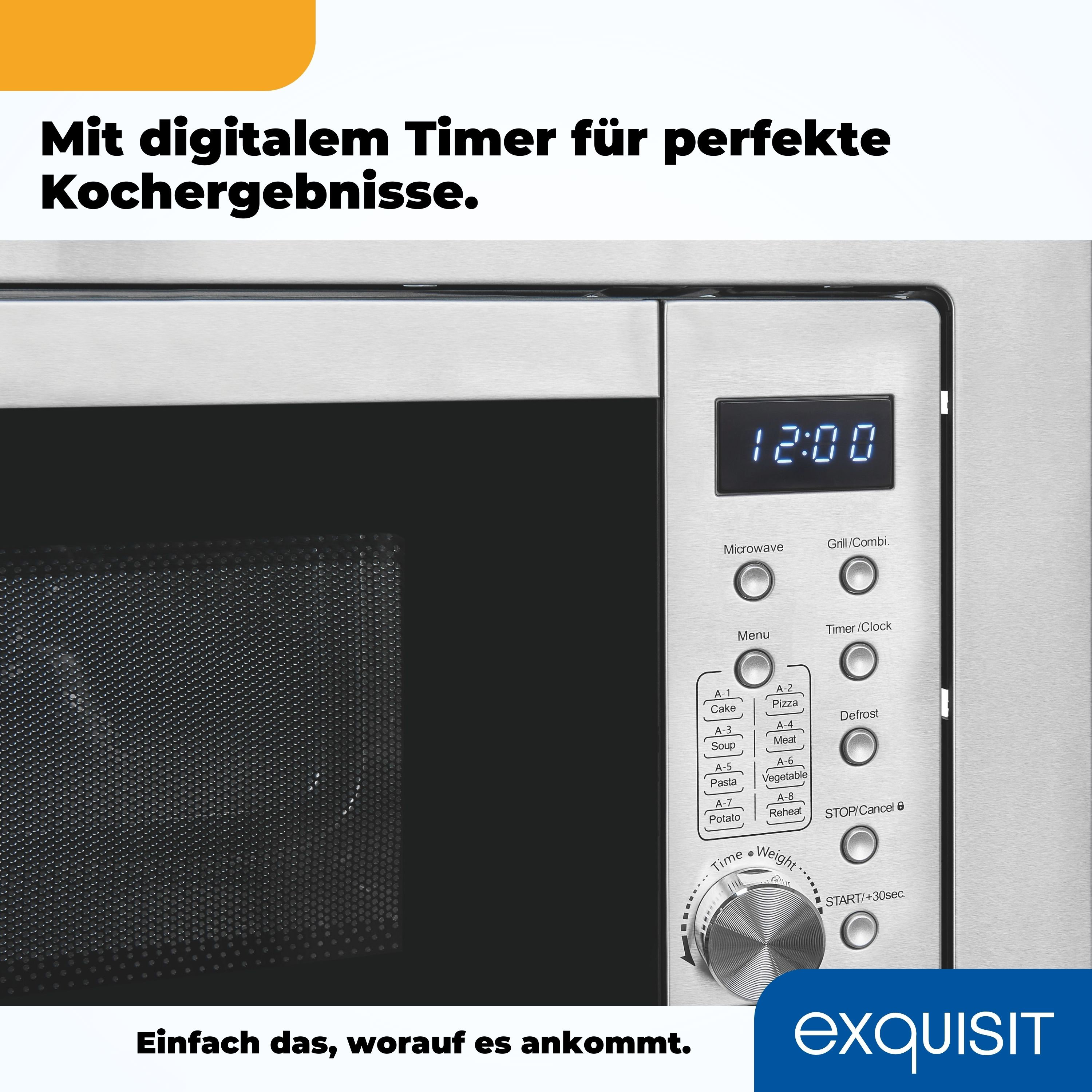Eine silberne Mikrowelle mit digitaler Anzeige, die die Uhrzeit und Bedienelemente zeigt.