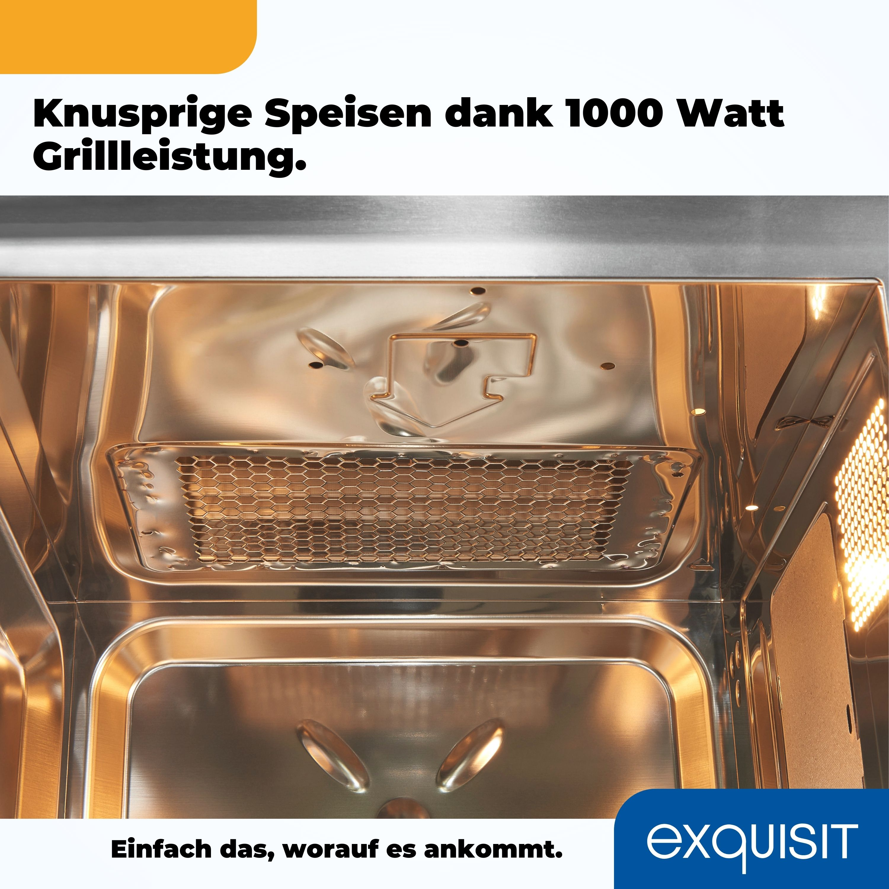 Mikrowellen-Innenraum mit Metallgrill und Text. Weißer Hintergrund.