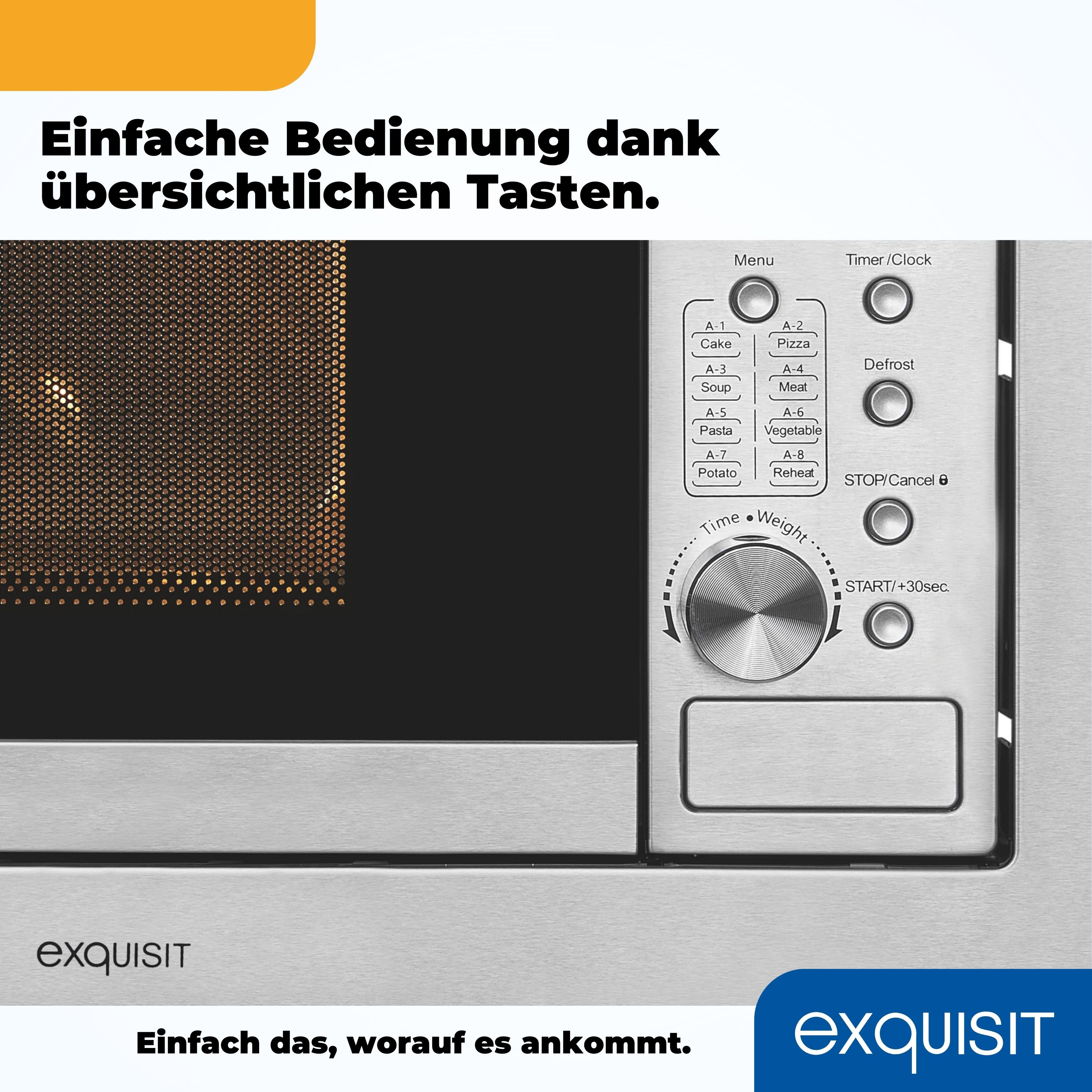 Mikrowellen-Bedienfeld mit Tasten und Drehregler. Text auf Deutsch.