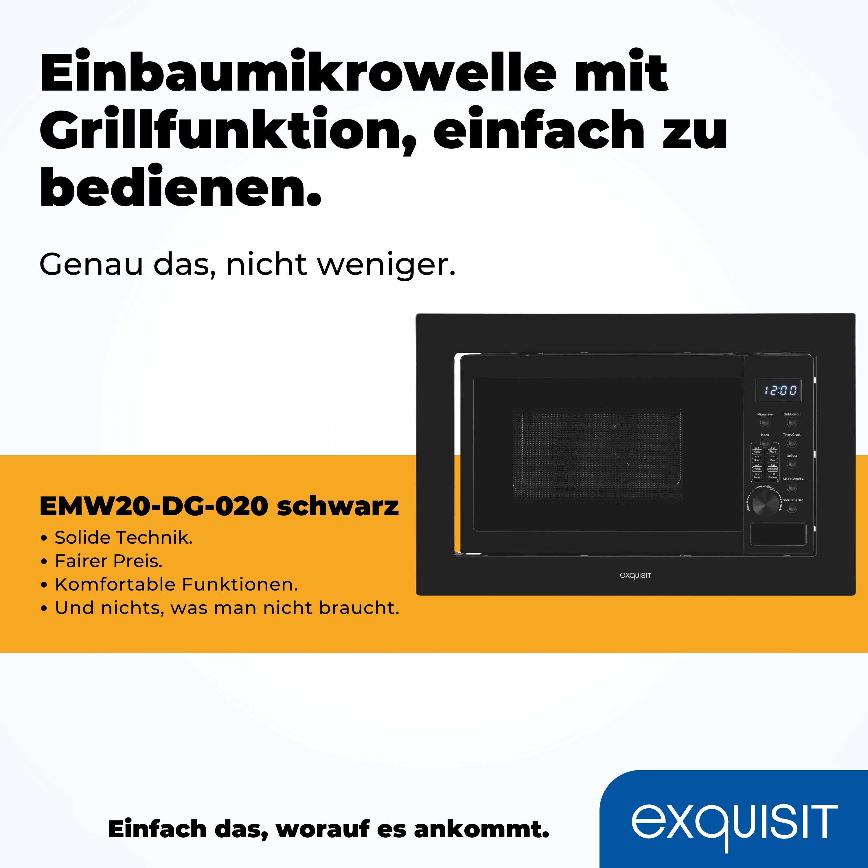 Schwarze Mikrowelle mit Text. Die rechte Seite zeigt die Uhrzeit. Enthält Details: solide Technik, fairer Preis, komfortable Funktionen.
