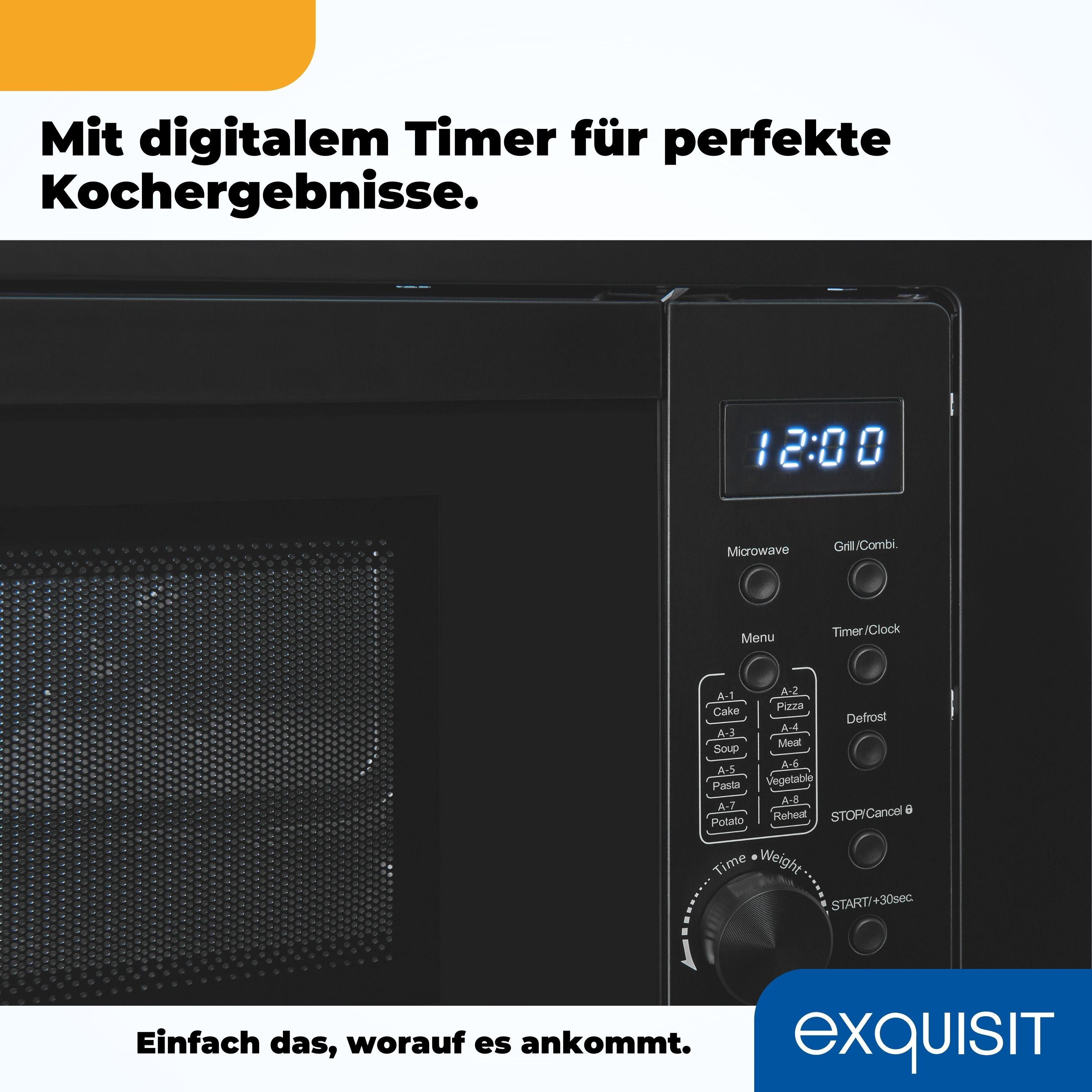 Schwarzer Mikrowellenherd mit Digitalanzeige, die 12:00 anzeigt, und Bedienknöpfen.