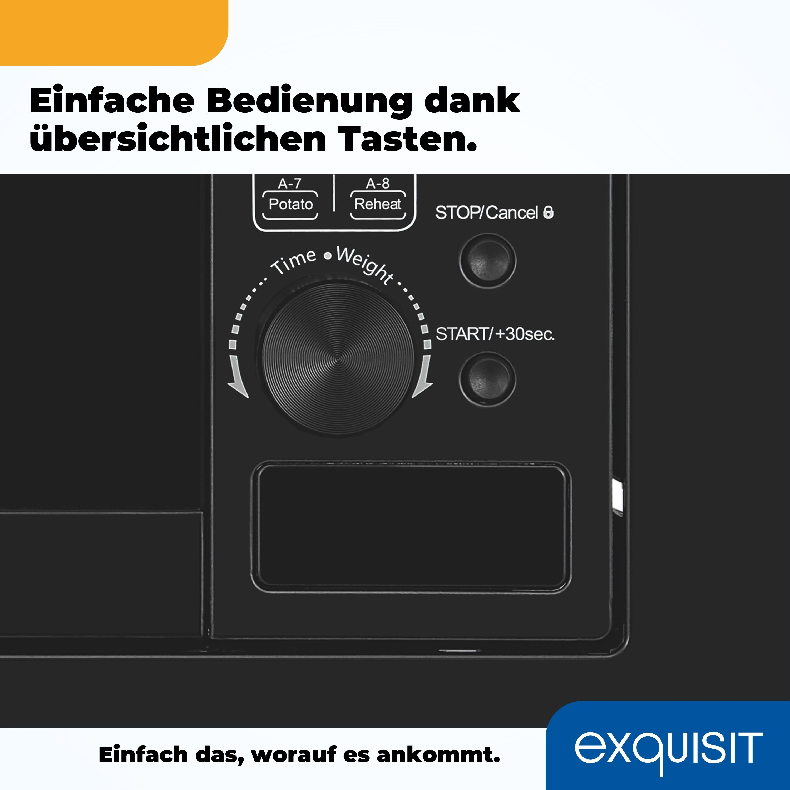 Mikrowellen-Bedienfeld: Drehregler, Tasten und Display. Text: 'Einfache Bedienung'.